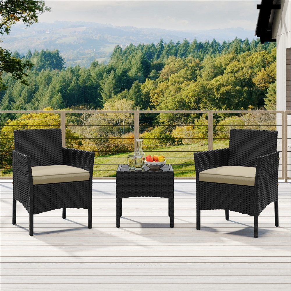 Yaheetech Balkonset Gartenmöbel-Set 3-Teilig in Rattanoptik für 2 Personen, Gartengarnitur inkl. 2 Stühle mit Kissen & Tisch mit Hartglasplatte