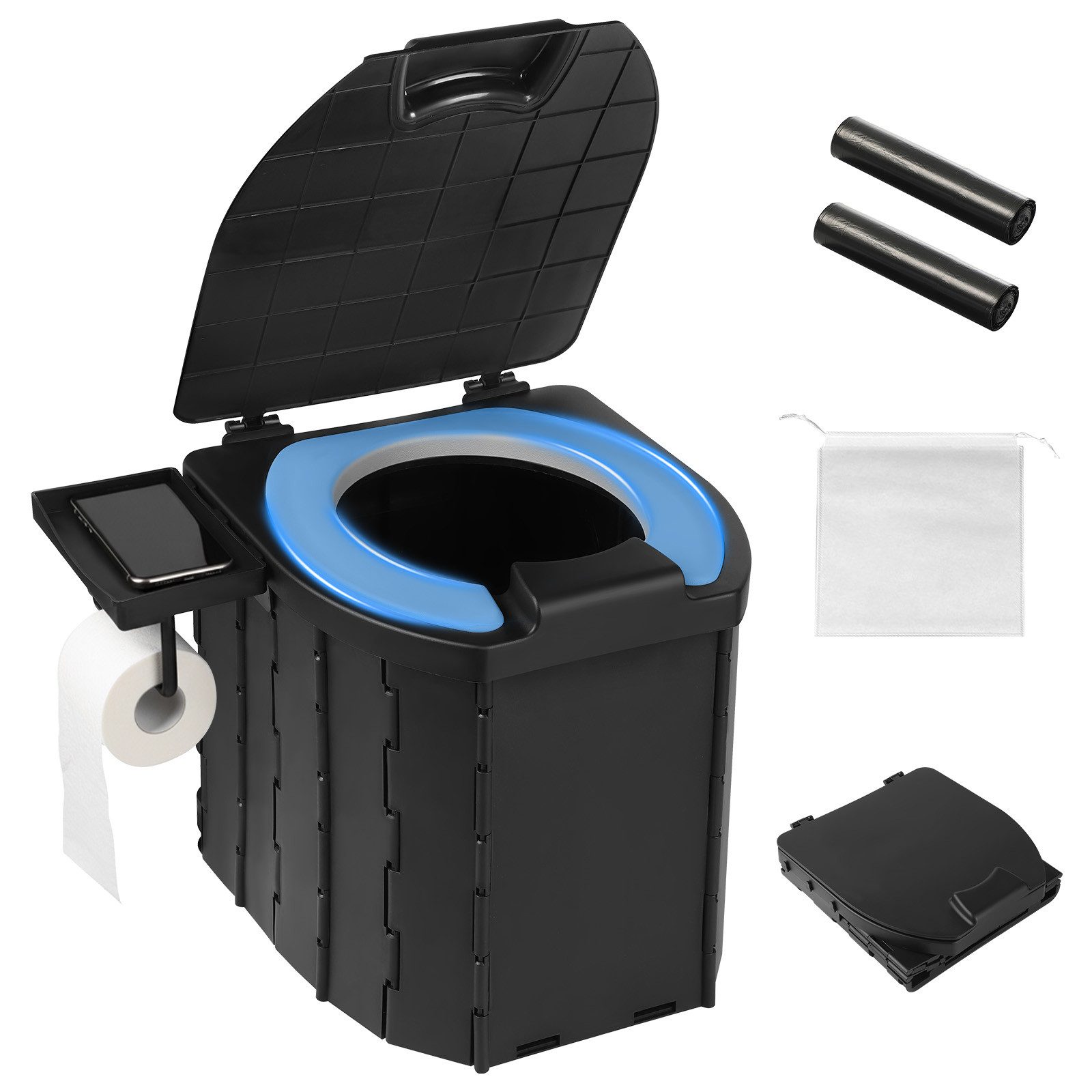 QUBEBU Campingtoilette Mobile Campingtoilette Faltbar, mit Toilettenpapierhalter, Deckel, (Reise-Toilette, faltbar und leicht zu reinigen, Lieferumfang: 1x Faltbare Toilette,1x Tragetasche, 10x Plastiktüten)