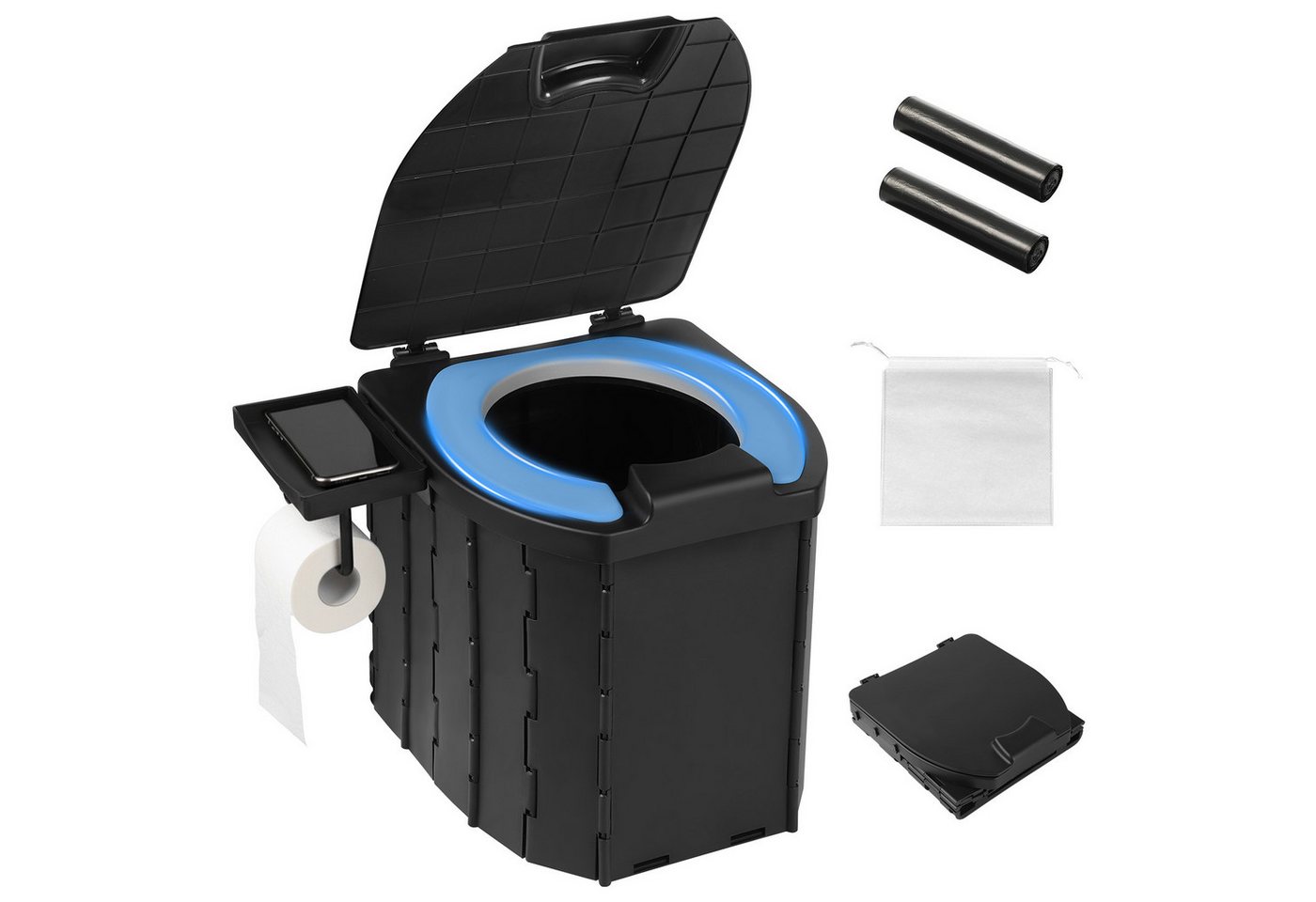 QUBEBU Campingtoilette Mobile Campingtoilette Faltbar, mit Toilettenpapierhalter, Deckel, (Reise-Toilette, faltbar und leicht zu reinigen, Lieferumfang: 1x Faltbare Toilette,1x Tragetasche, 10x Plastiktüten)