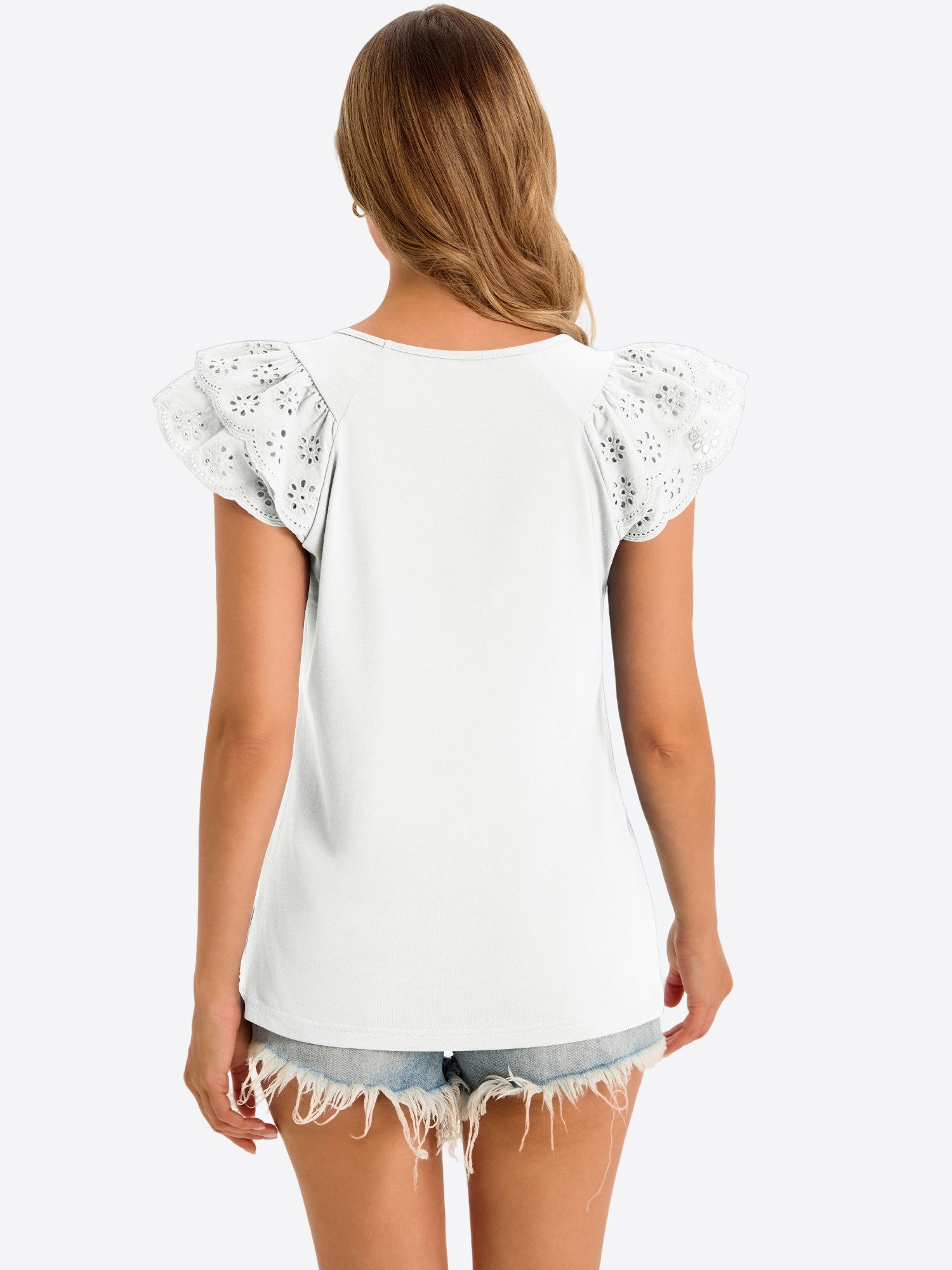 Imily Bela T-Shirt Damen Bluse mit Rüschen-Flügelärmeln (Packung, 1-tlg., 1per-Pack) Schultern überlappend
