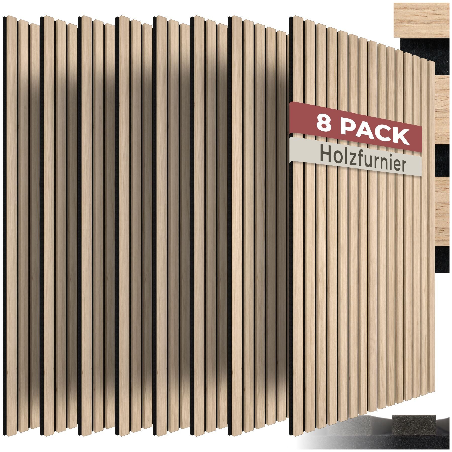tectake Wandpaneel Akustikpaneele aus MDF und Echtholzfurnier, je 110 x 50 x 1,1 cm, BxL: 50x110 cm, (Holzpaneele Sonic Wall IV, 8-tlg., Holzoptik in Eiche hell) schallabsorbierender Filz, einfache Montage mit Kleber oder Schrauben