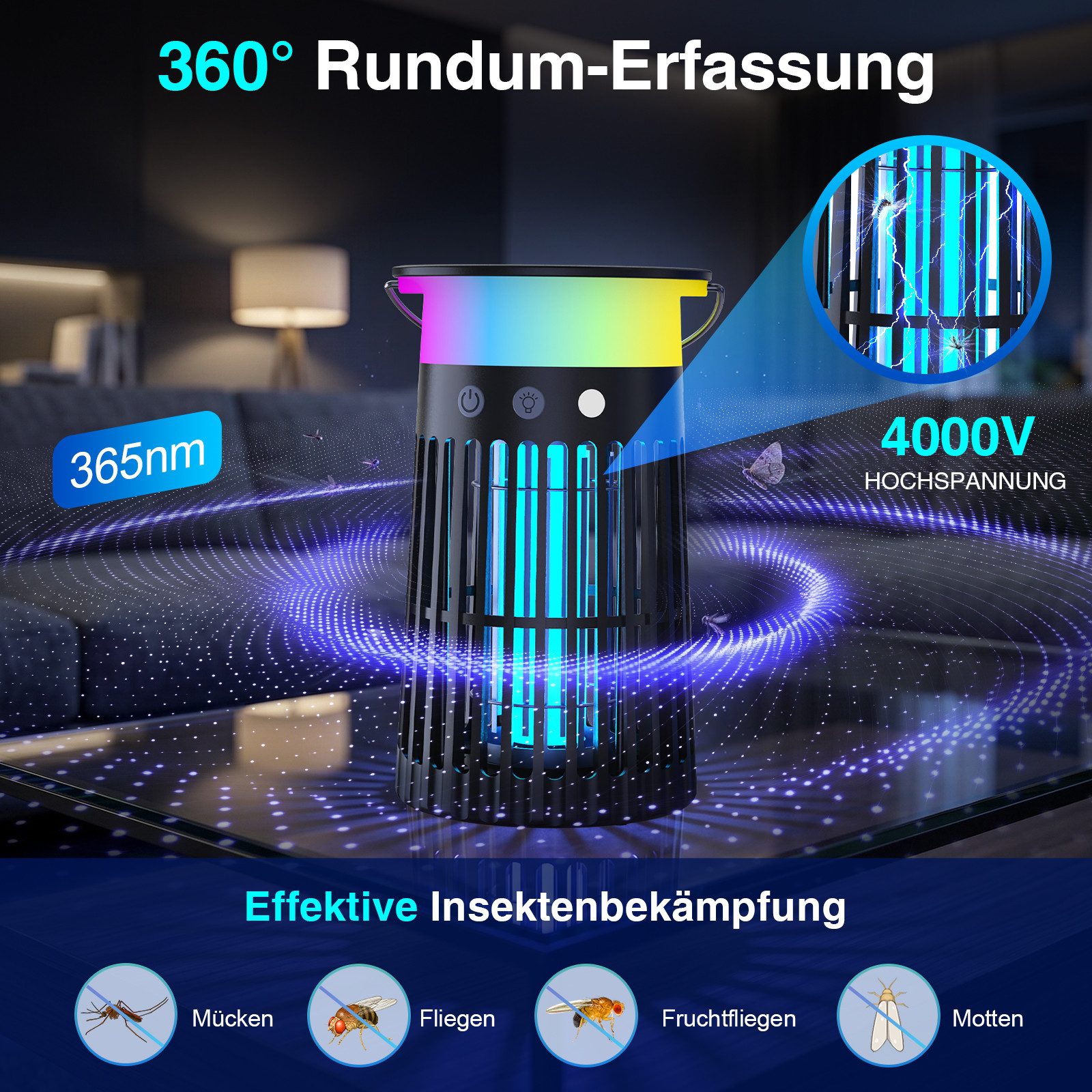 ANYSUN Ultraschall-Tierabwehr Insektenvernichter Elektrisch mit Akku Wiederaufladbarer Mückenfalle, UV Mückenlampe Innen mit LED-Licht, Flammeneffekt & Ambientelicht, für bis zu 60 qm ohne Chemie oder Duftstoffe, Fliegenfalle elektrisch