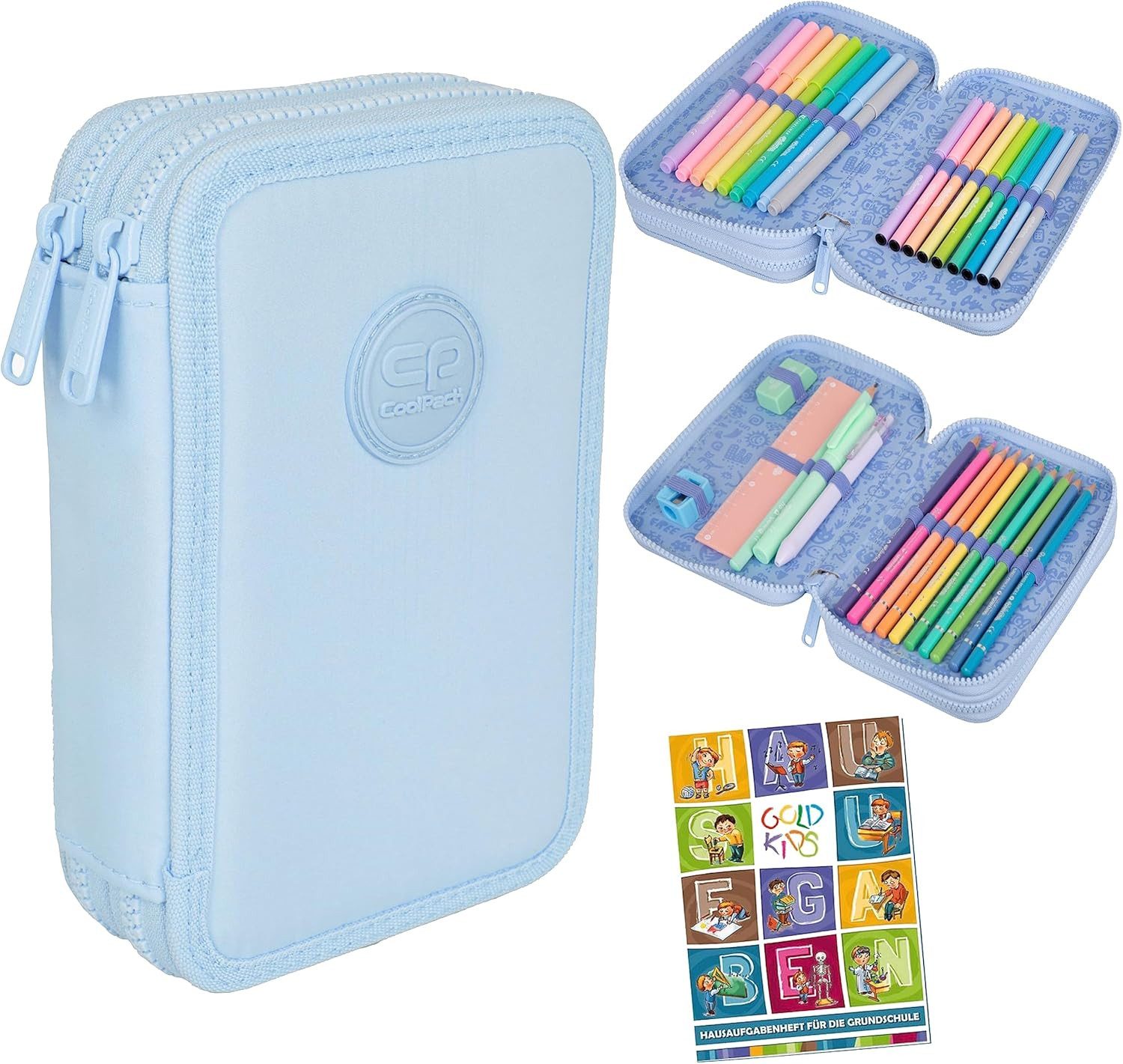 GOLDKIDS Federmäppchen COOLPACK 2-fache Federtasche Federmappe, (34-teilig Schüleretui Stifte und Pinsel, inkl. Aufgabenheft Federbox Etui), Stiftetasche Schlamper-Etui Schul-Etui