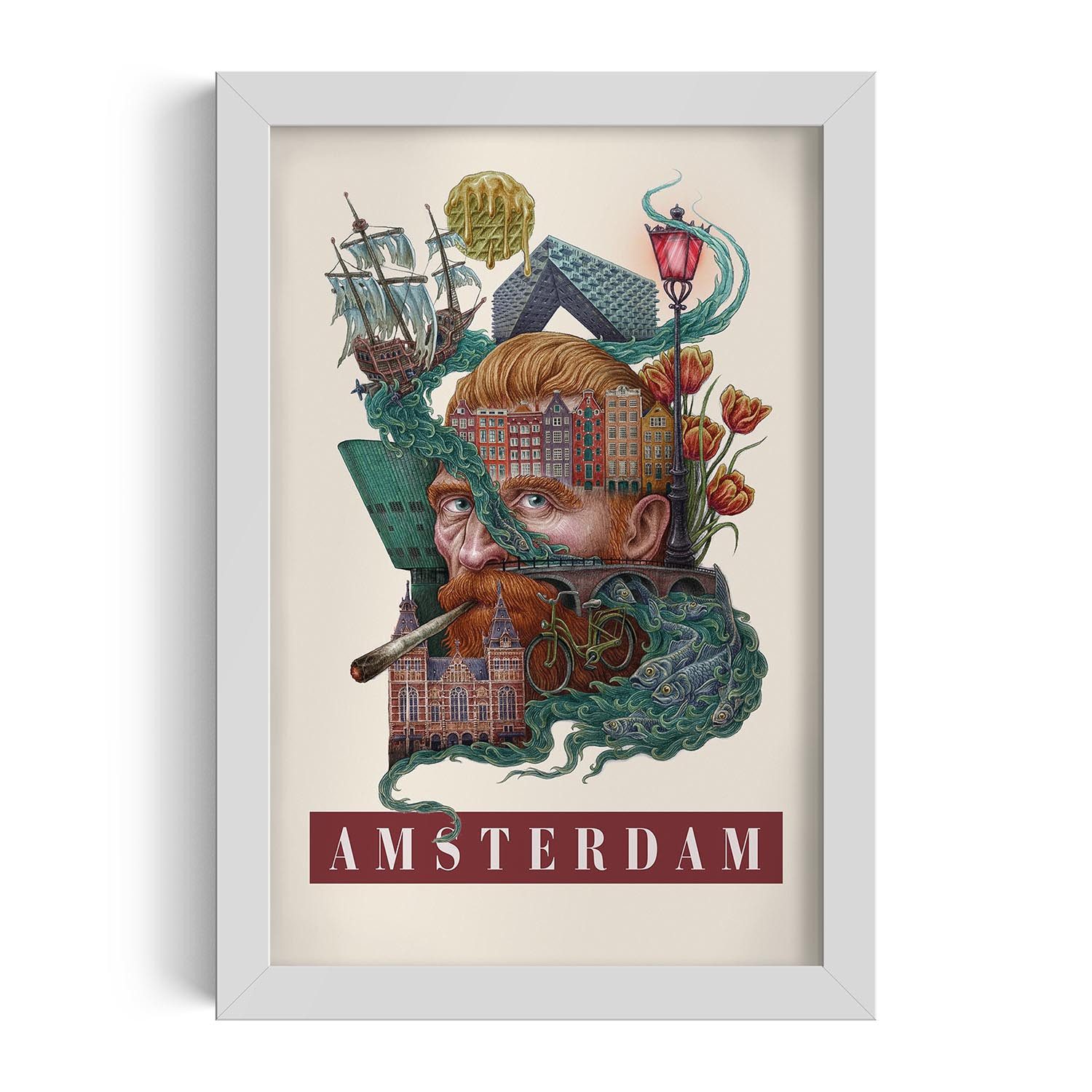 Tulup Bild mit Rahmen Amsterdam Illustration im Rahmen, Kunstdruck mit Rahmen