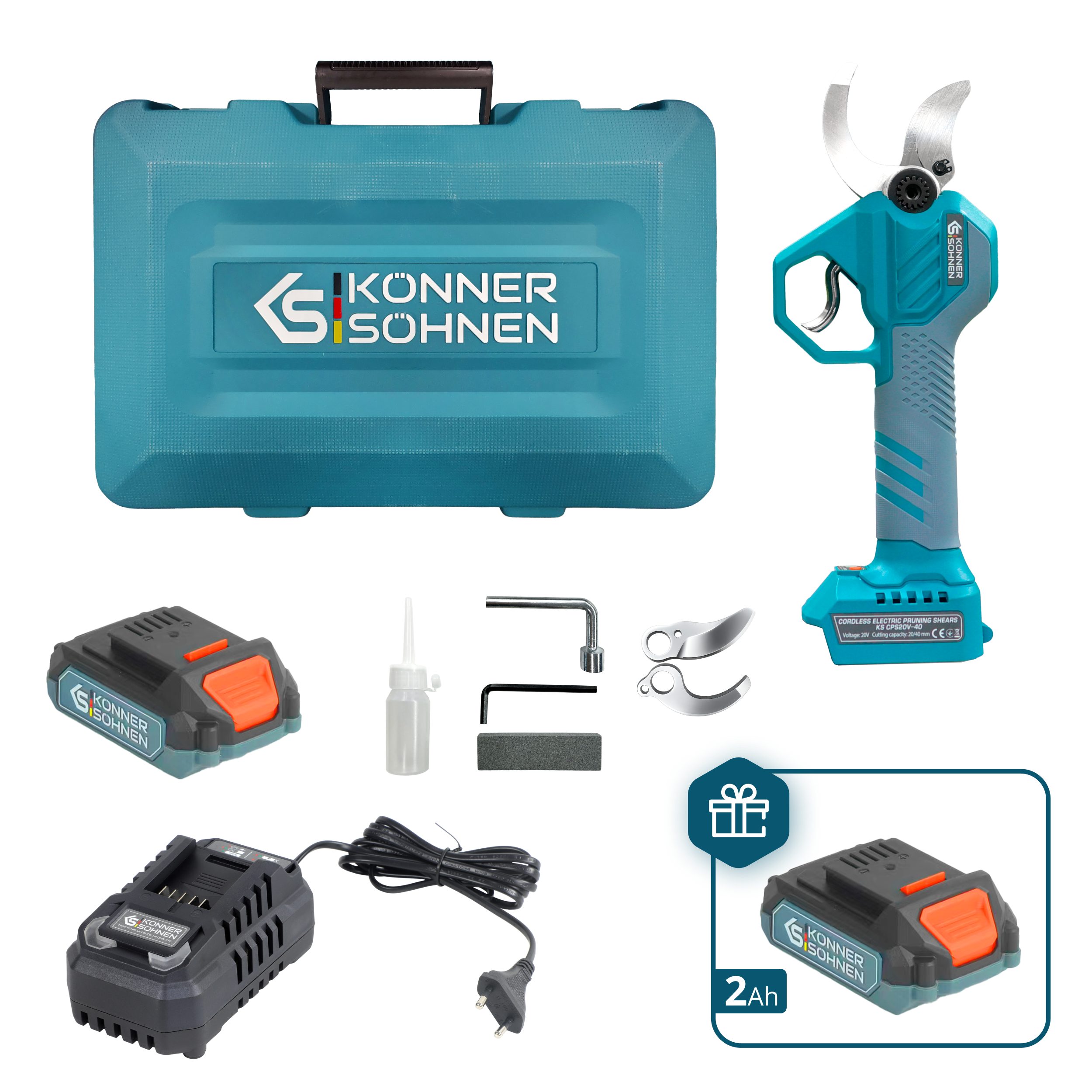 Könner & Söhnen Gartenschere KS CPS20V-40 CASE PLUS, (Akku-Gartenschere Set mit 2 Akkus, Ladegerät & Ersatzklingen, 1-tlg., Inklusive zusätzlichem 2Ah Akku als Geschenk & Koffer), 40mm Schnittstärke, bürstenlos, Handerkennungssensor