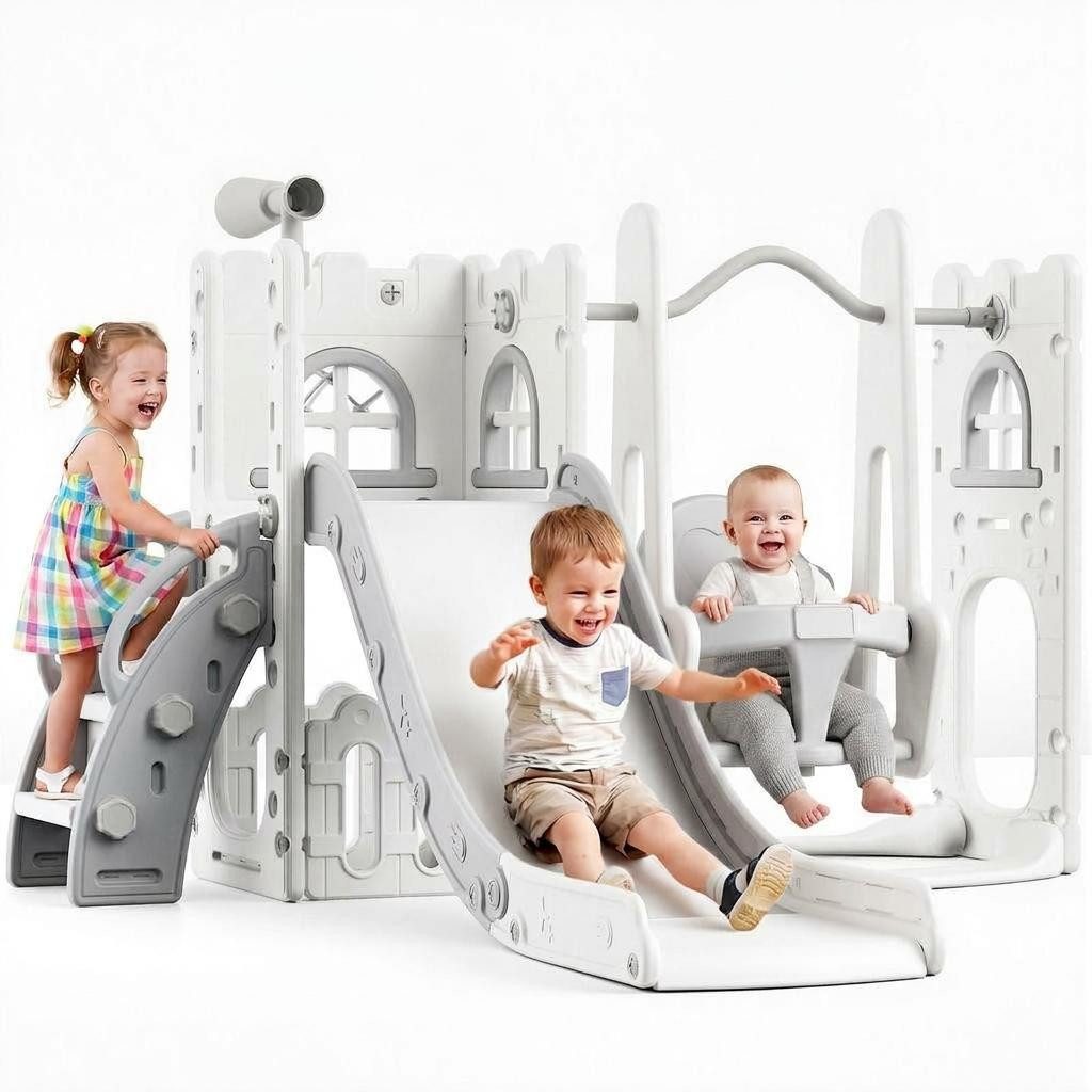 GarveeMore Rutsche Kinderrutsche mit Schaukel,Kleinkind Spielplatz für drinnen & draußen, Babyrutsche mit Schaukel für Garten und Innenbereich,144 × 150 × 93 cm
