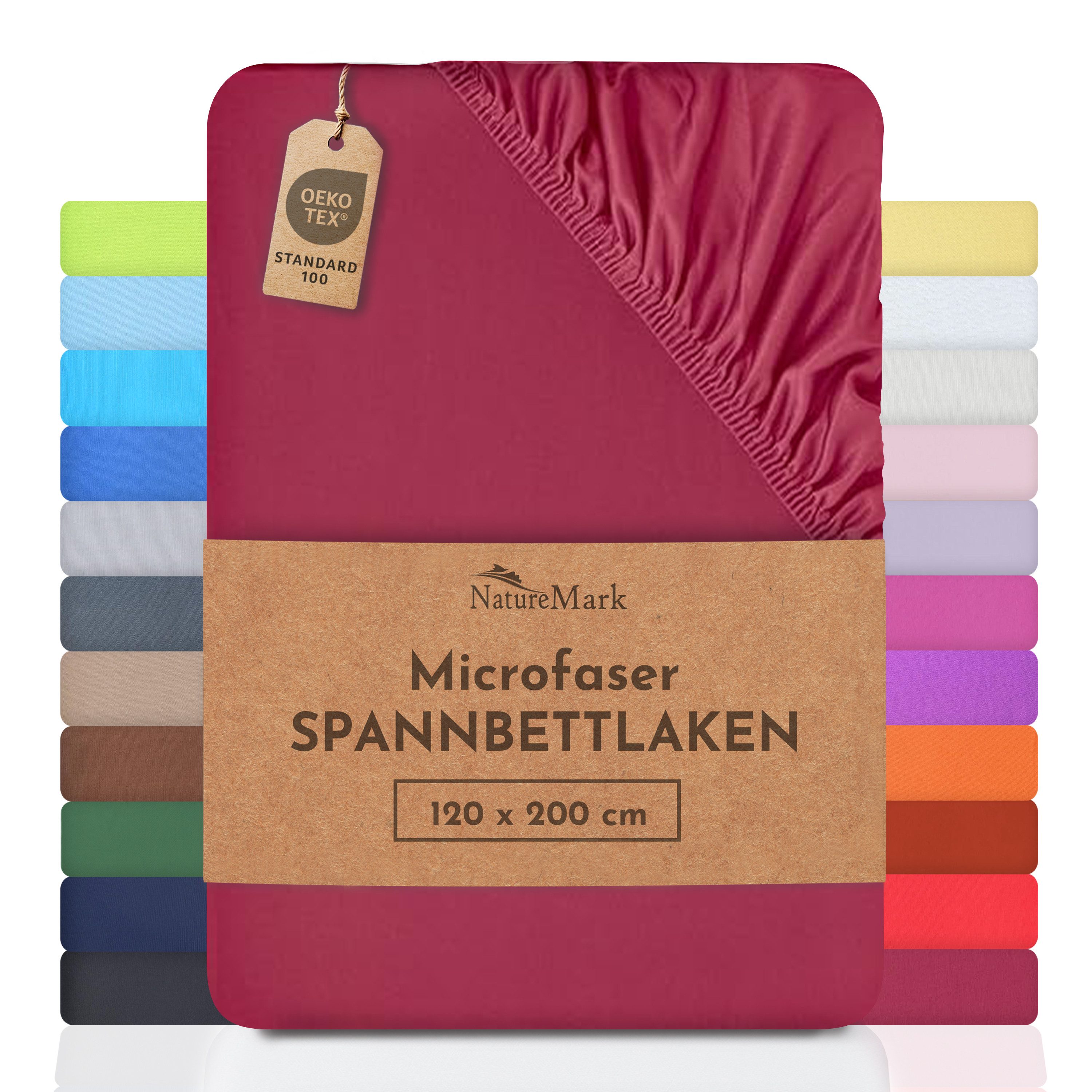 NatureMark Spannbettlaken Mikrofaser Spannbetttuch, Polyester, Gummizug: rundum, viele Größen und Farben Markenware, 200x220 cm, Bordeaux rot