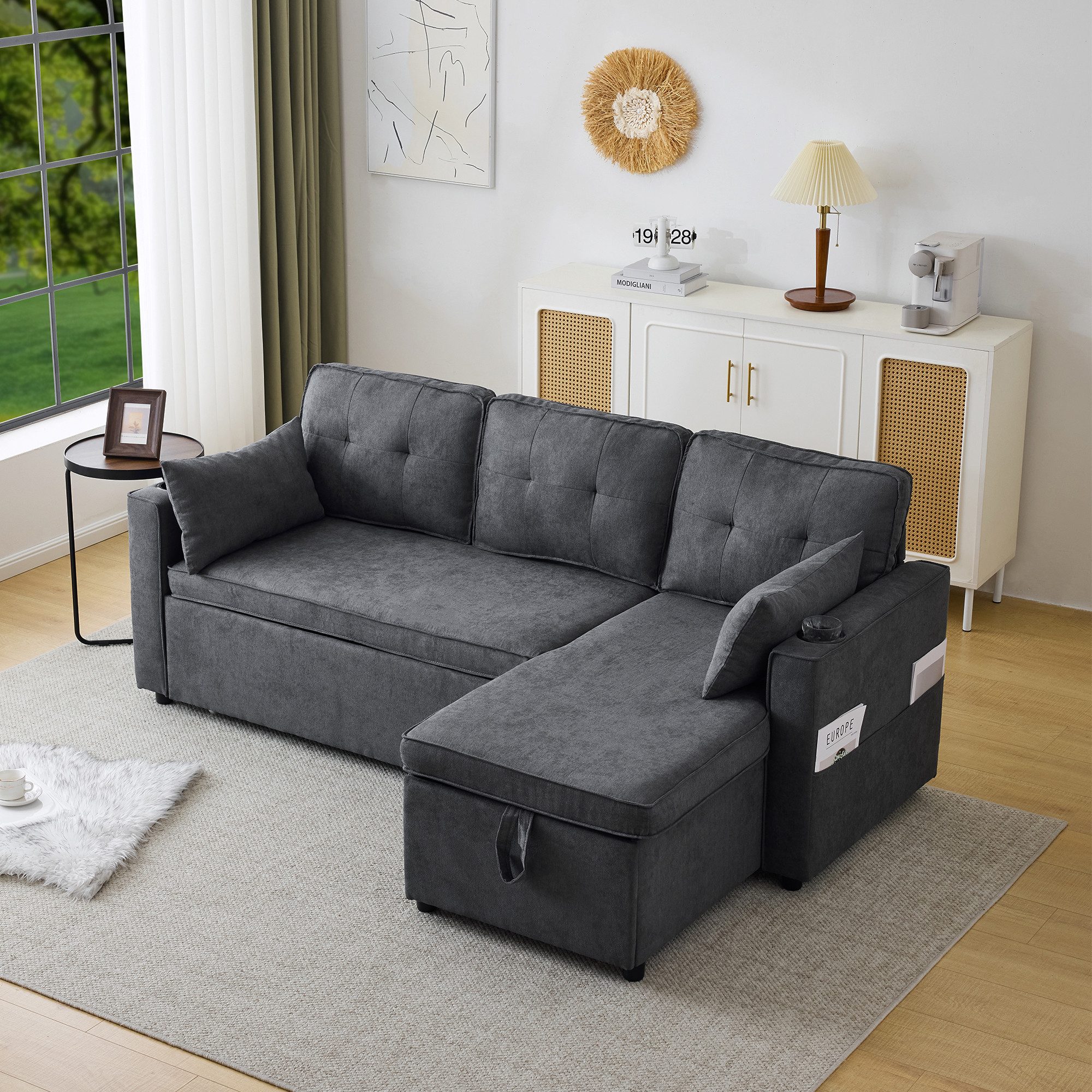 HAUSS SPOLE Big-Sofa Schlafsofa Polstersofa mit Stauraum, Getränkehalter, Seitentaschen, Schlafsofa mit Stauraum und Getränkehaltern, mit Relaxfunktion