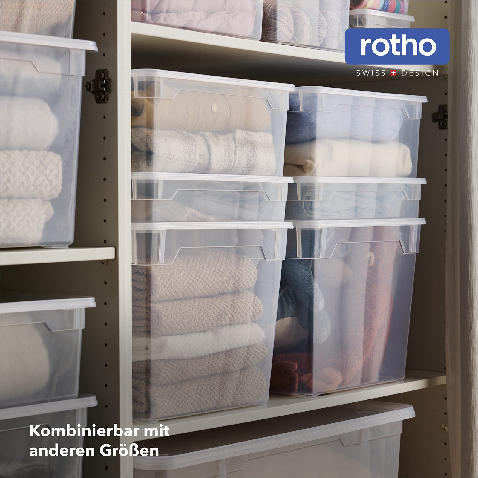ROTHO Stapelbox Clear Box 18L Aufbewahrungsbox transparent stapelbar mit Deckel (4er-Set, 4 St., Stapelboxset) – Bild 5 von 5