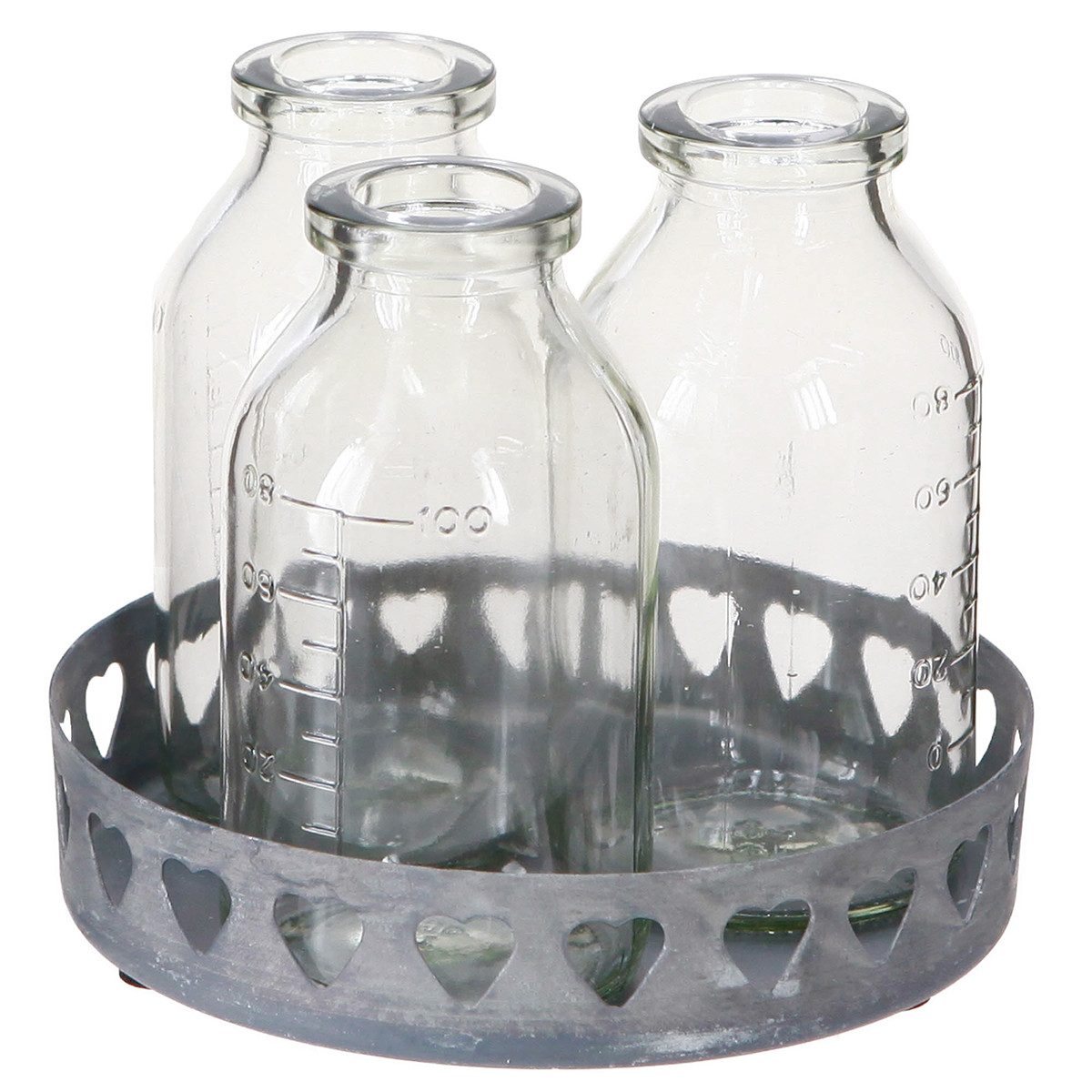 Tischvase Mini Vasen Set Glas Flaschen Vintage Tischdeko Metalltablett Ø11,5
