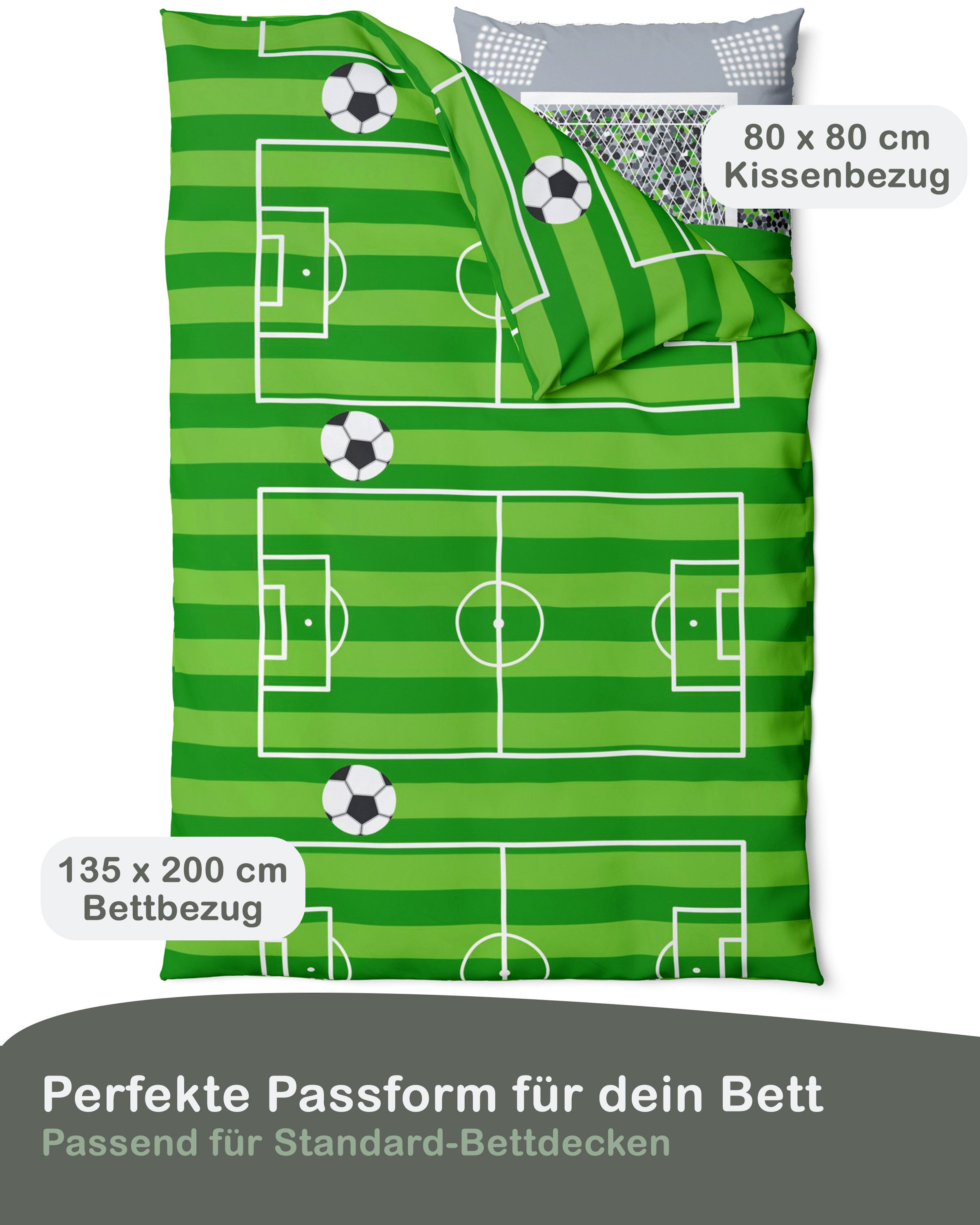 LINKHOFF Kinderbettwäsche Fußball-Bettwäsche 135x200 cm – aus 100% Baumwolle für Kinder in Grün, Kinder Bettwäsche Fußballfan für Jungen u. Mädchen