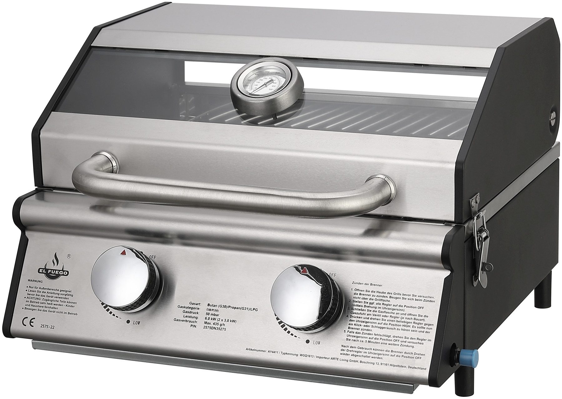 El Fuego Gasgrill Jesolo, 6 kW (2 Brenner je 3 kW), mit Piezozündung