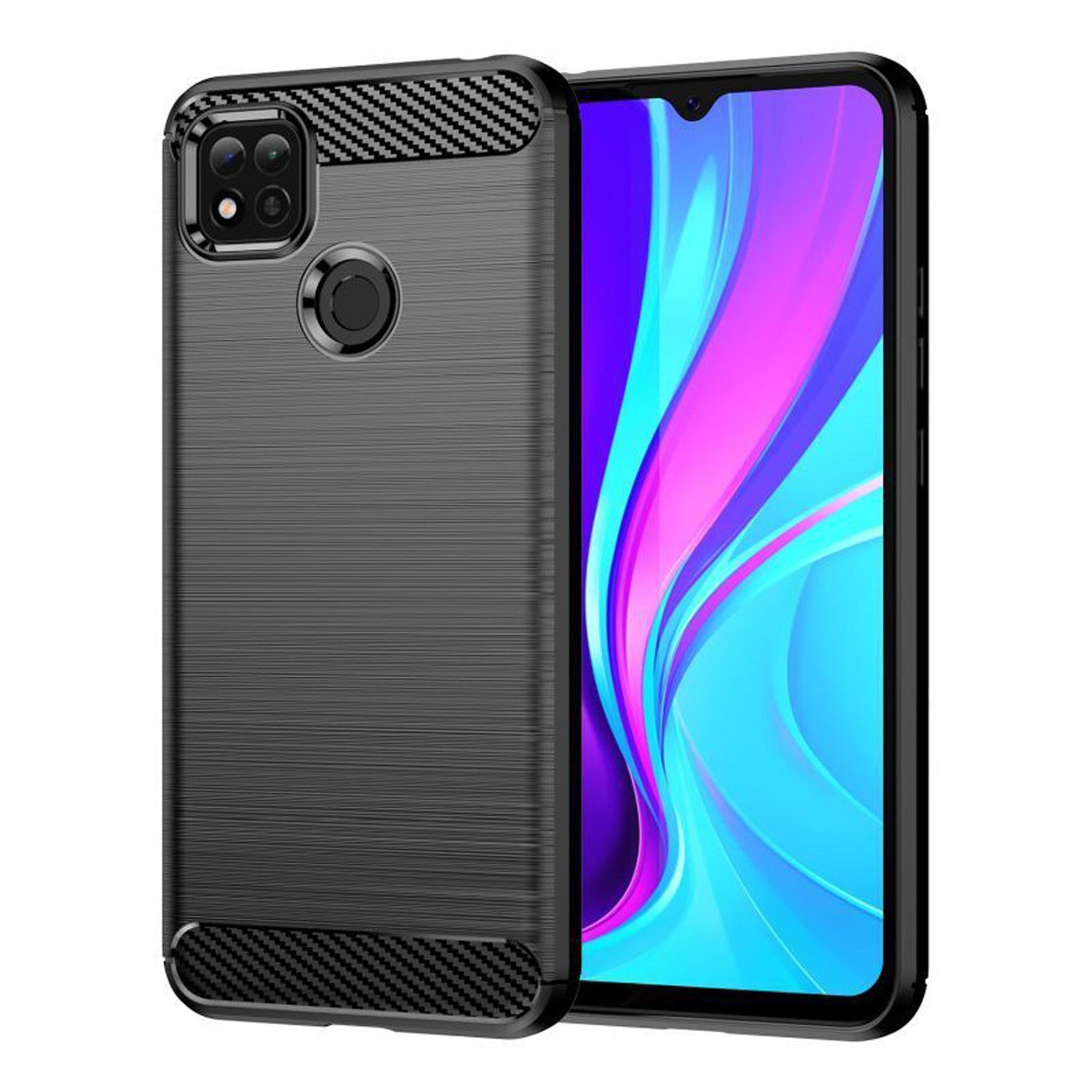 betterfon Handyhülle Carbon Hülle für Xiaomi Redmi 9C Backcover TPU Silikon Bumper Schwarz, Carbon-Look – stoßfestes Case mit Air-Cushion & Metall-Optik