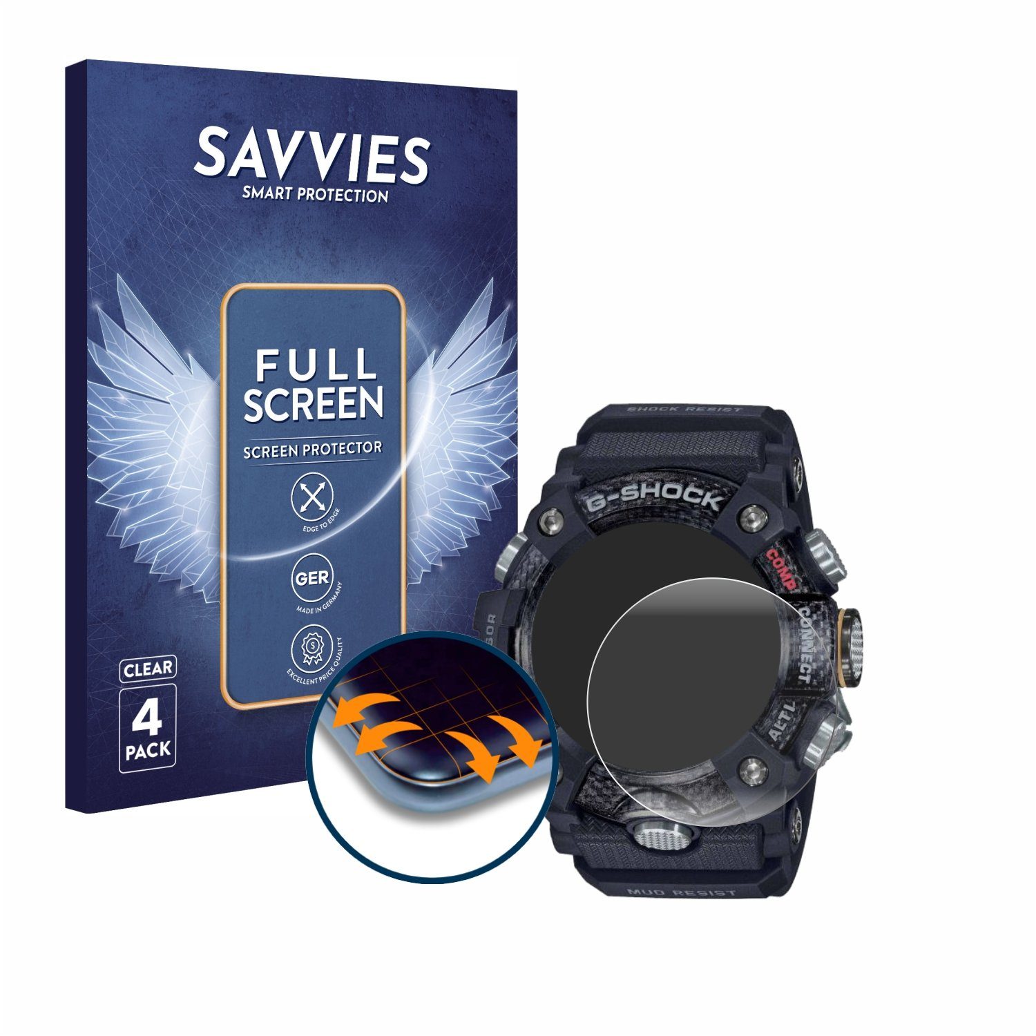Savvies Displayschutzfolie Fullscreen Schutzfolie für Casio G-Shock Mudmaster GG-B100-1AER, 4 Stück, Displayschutz Folie Fullcover Klar Transparent