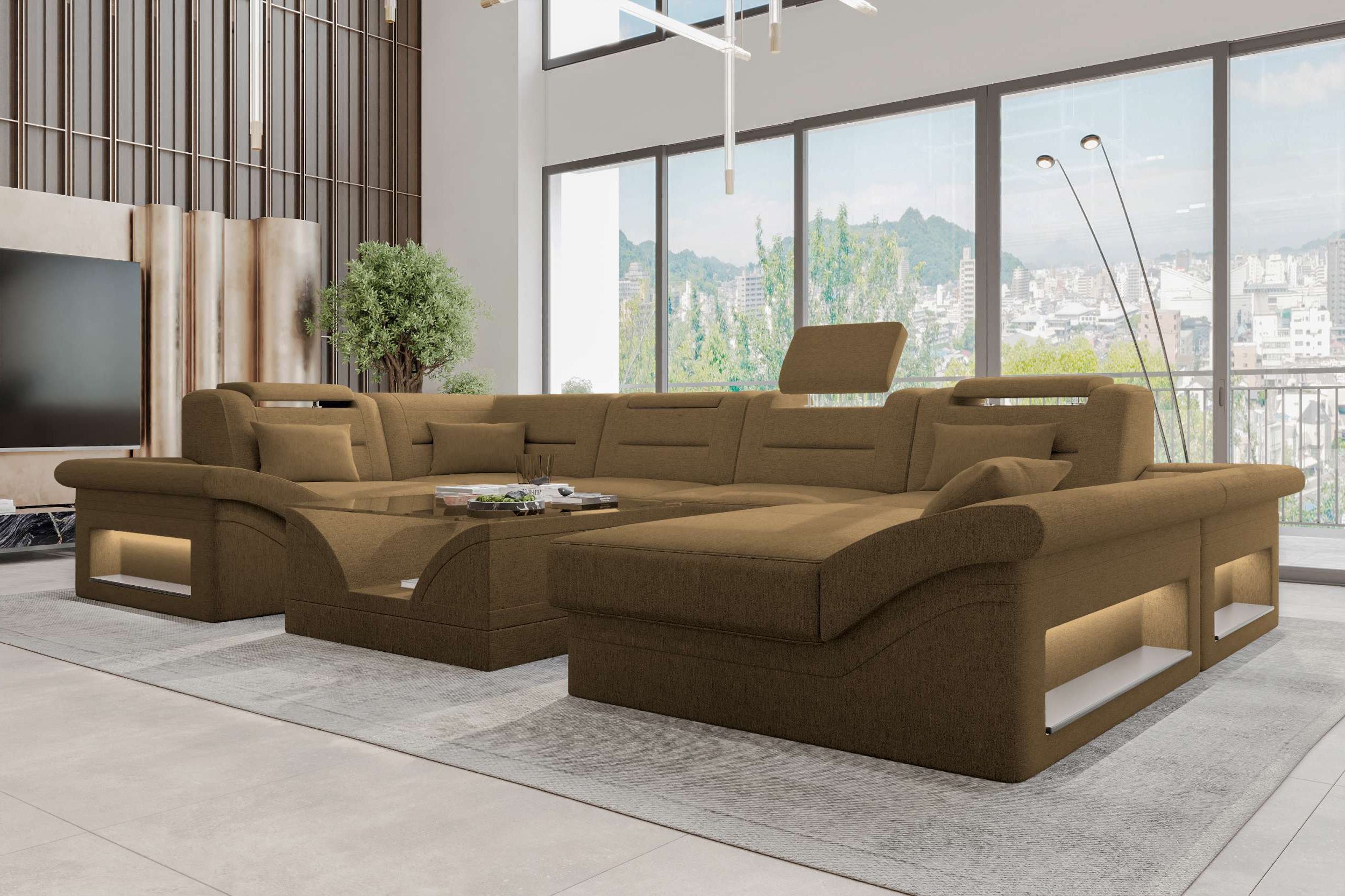 Sofa Dreams Wohnlandschaft Wohnlandschaft Enzo U Form Stoffsofa, Wohnlandschaft, U-Form, Polster Couch in U-Form mit LED, 2 Zierkissen inklusive