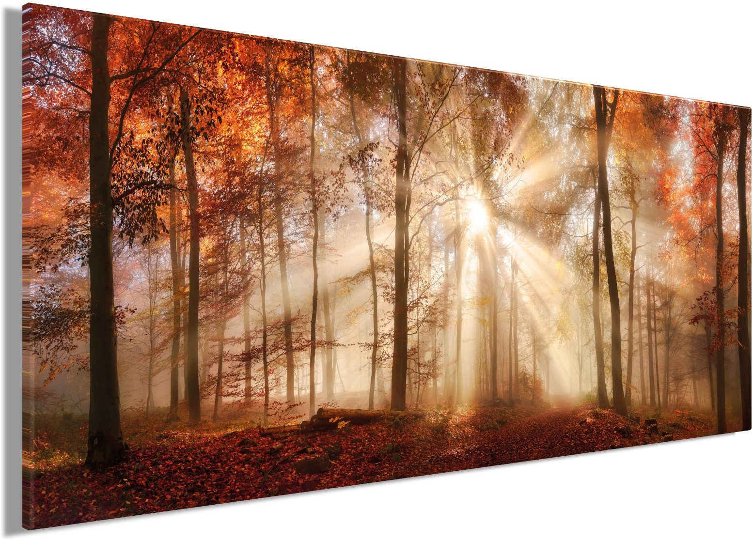 Bönninghoff Bild Wandbild HERBSTWALD XXL 90x200 cm – Leinwandbild Keilrahmen Deko, Sonnenaufgang & -untergang, Wald, Waldbilder, auf Keilrahmen gespannt – Bild 2 von 5