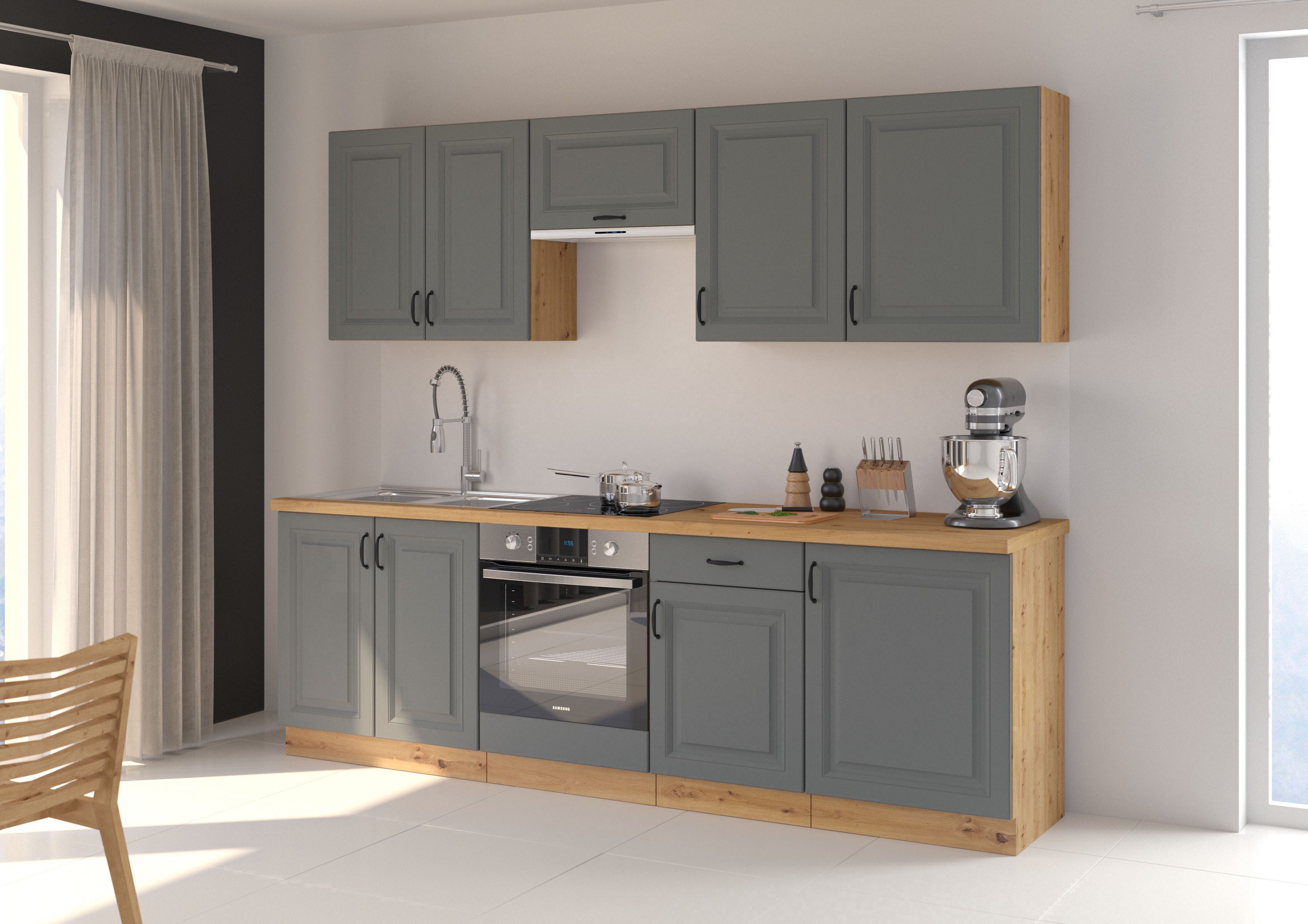 Furnix Küchenzeile Ariatte 250 cm Küchenmöbel-Set mit Hängeschränken, B250xH85,8xT60 cm, plegeleicht, zeitlos & Landhaus Design