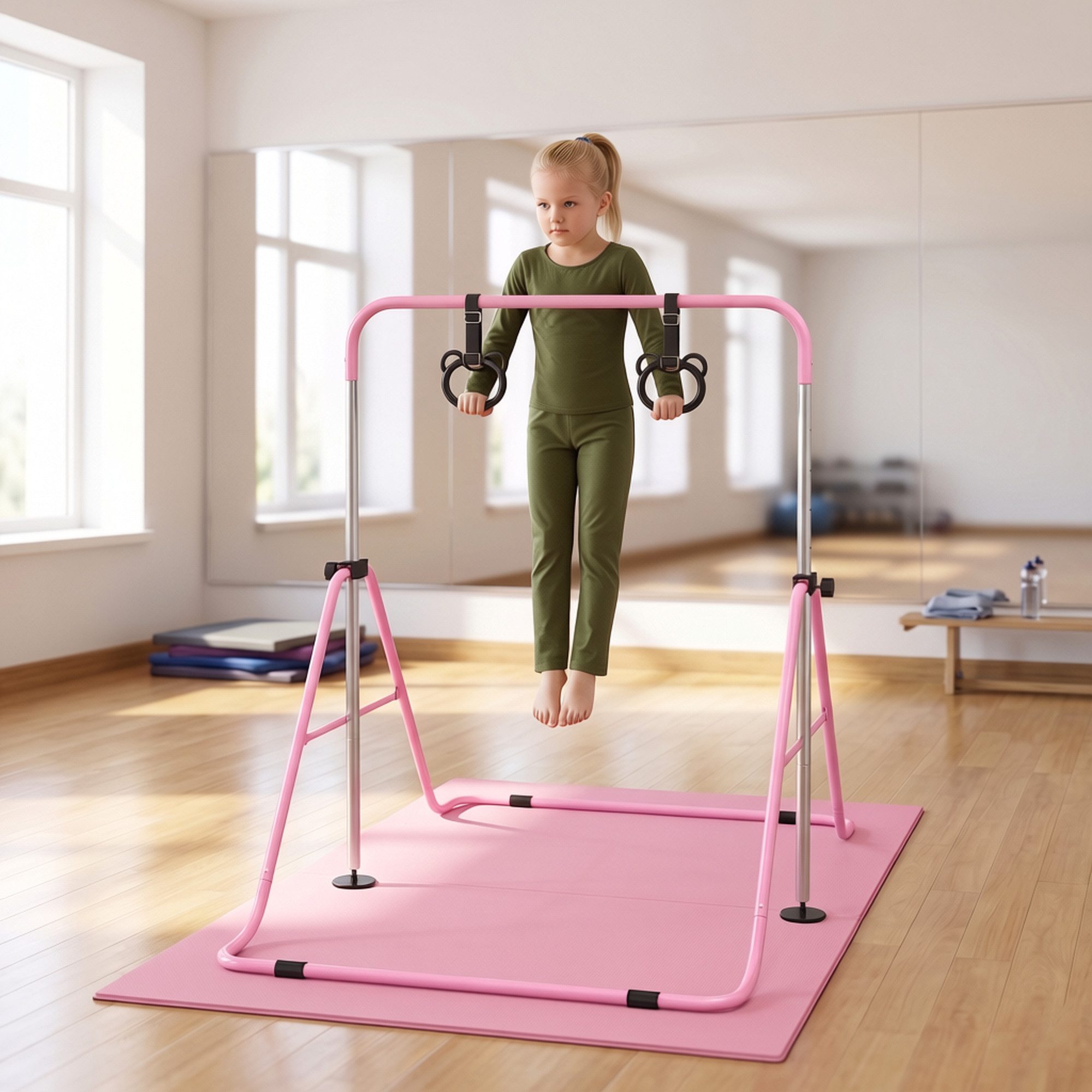 HOMCOM Turnreck Gymnastikstange für Kinder, Turnstange ab 3 Jahre, 88-128cm, (Reckanlage, 1-St., Reckstange), für Indoor bis 50 kg belastbar Stahl Rosa
