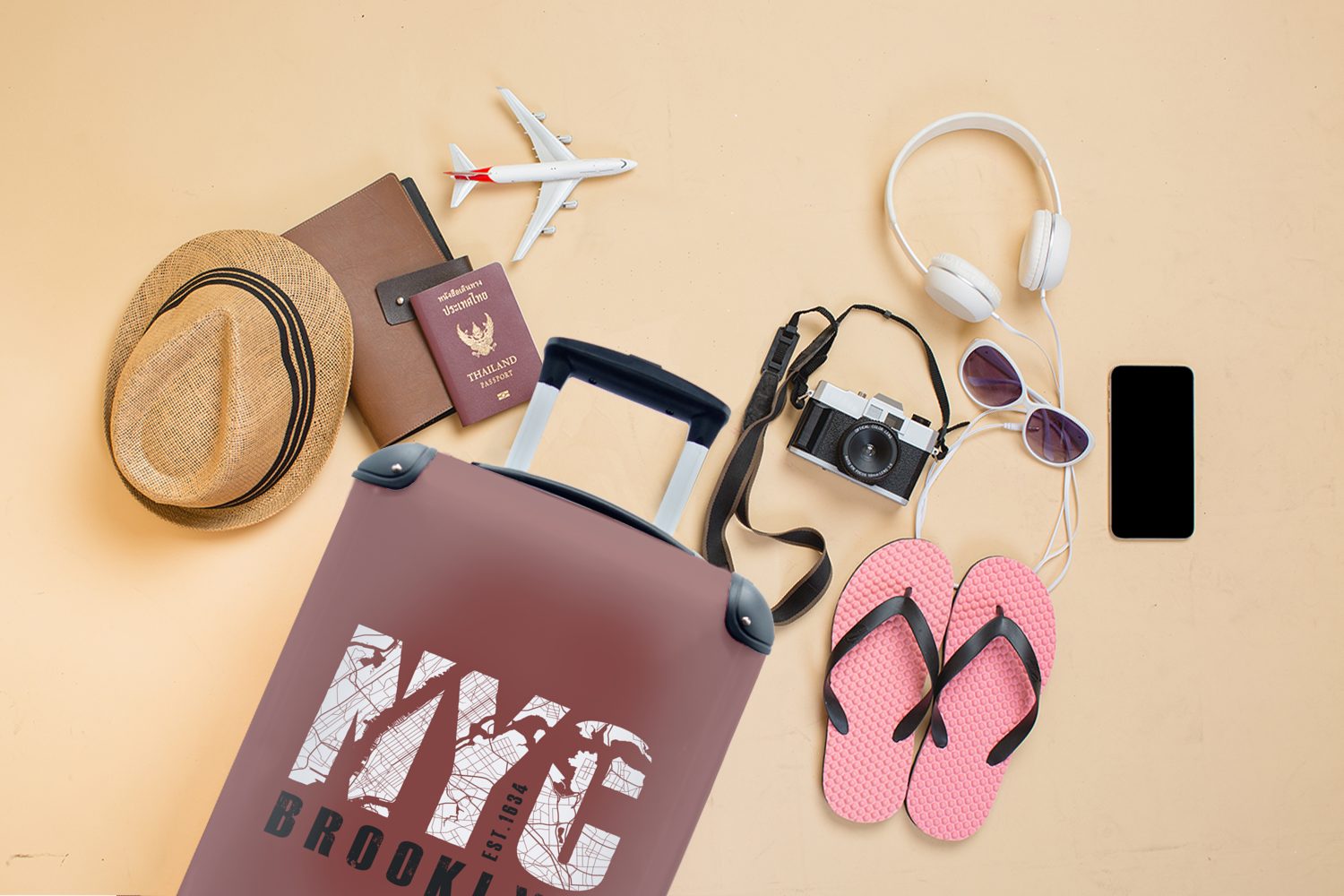 NYC mit Handgepäckkoffer für New York rollen, - Reisekoffer Rollen, Ferien, Karte, Trolley, 4 Reisetasche Handgepäck - MuchoWow