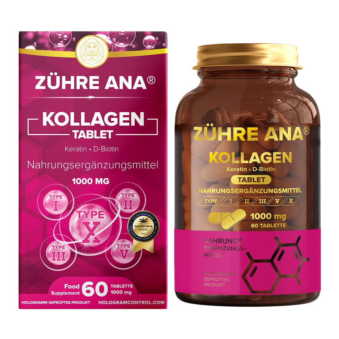 Zühre Ana® Kollagen Tablette-Keratin + D-Biotin, Gesundes Haar, Glänzende Haut Kapseln, 60 g