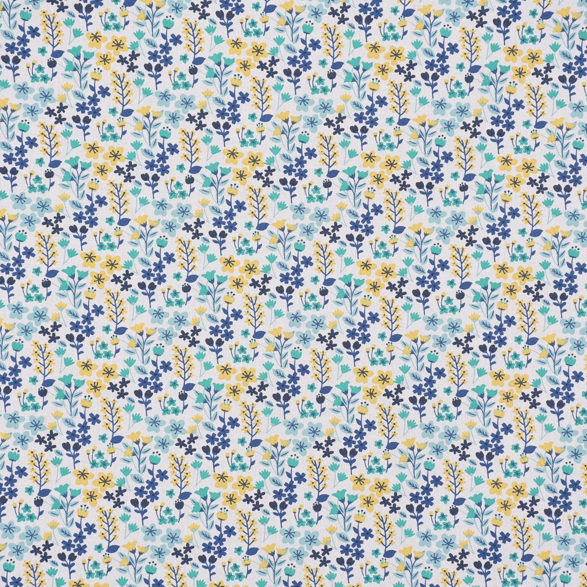 SCHÖNER LEBEN. Stoff Baumwollstoff Meterware MILLY Blumen Sträucher weiß blau gelb 150cm, allergikergeeignet,atmungsaktiv,pflegeleicht