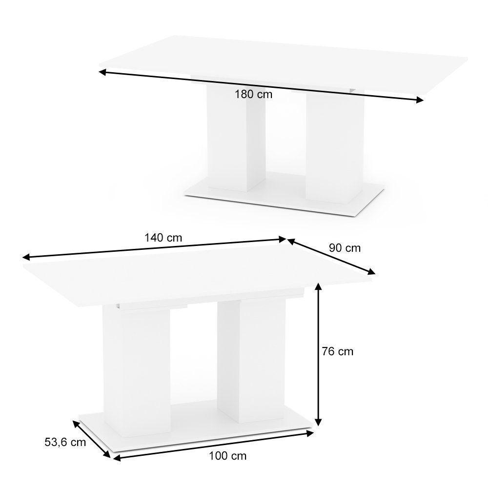 Weiß 140 180 cm Esszimmertisch Esstisch Vicco DIX ausziehbar -