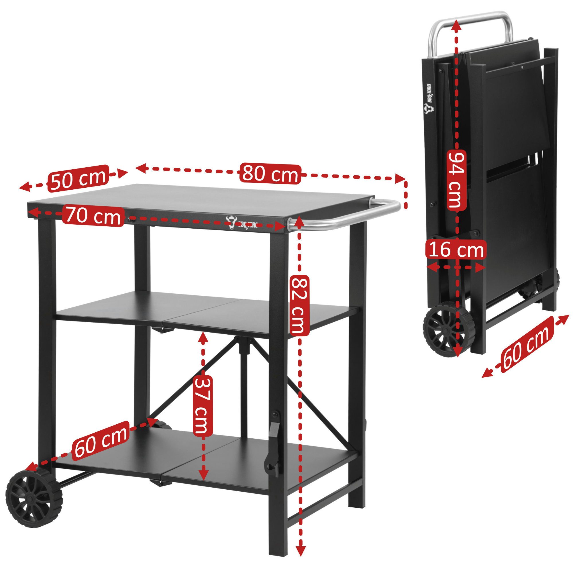 BBQ-Toro Grillablagetisch Grillwagen klappbar 60 x 80 x 82 cm, Schwarz, Servierwagen, Tischwagen, 2 leichtgängige Räder