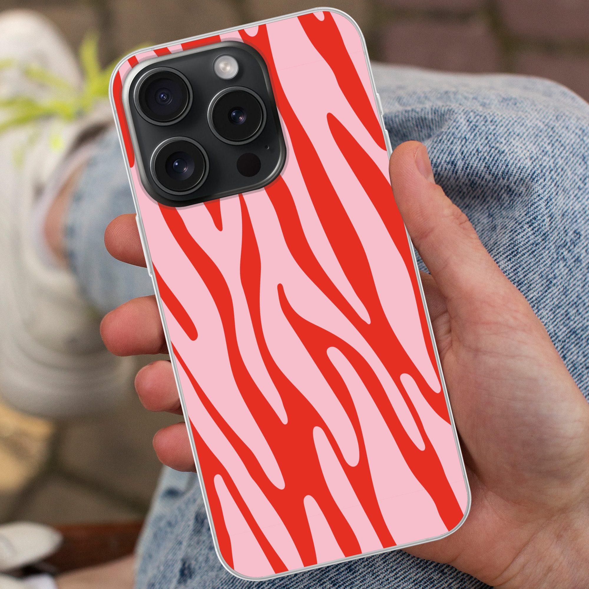 MuchoWow Handyhülle für Apple iPhone 15 Pro Zebramuster - Rosa - Rot - Tiermuster, Smartphone-Bumper, Print, Handy Schutzhülle Dünn
