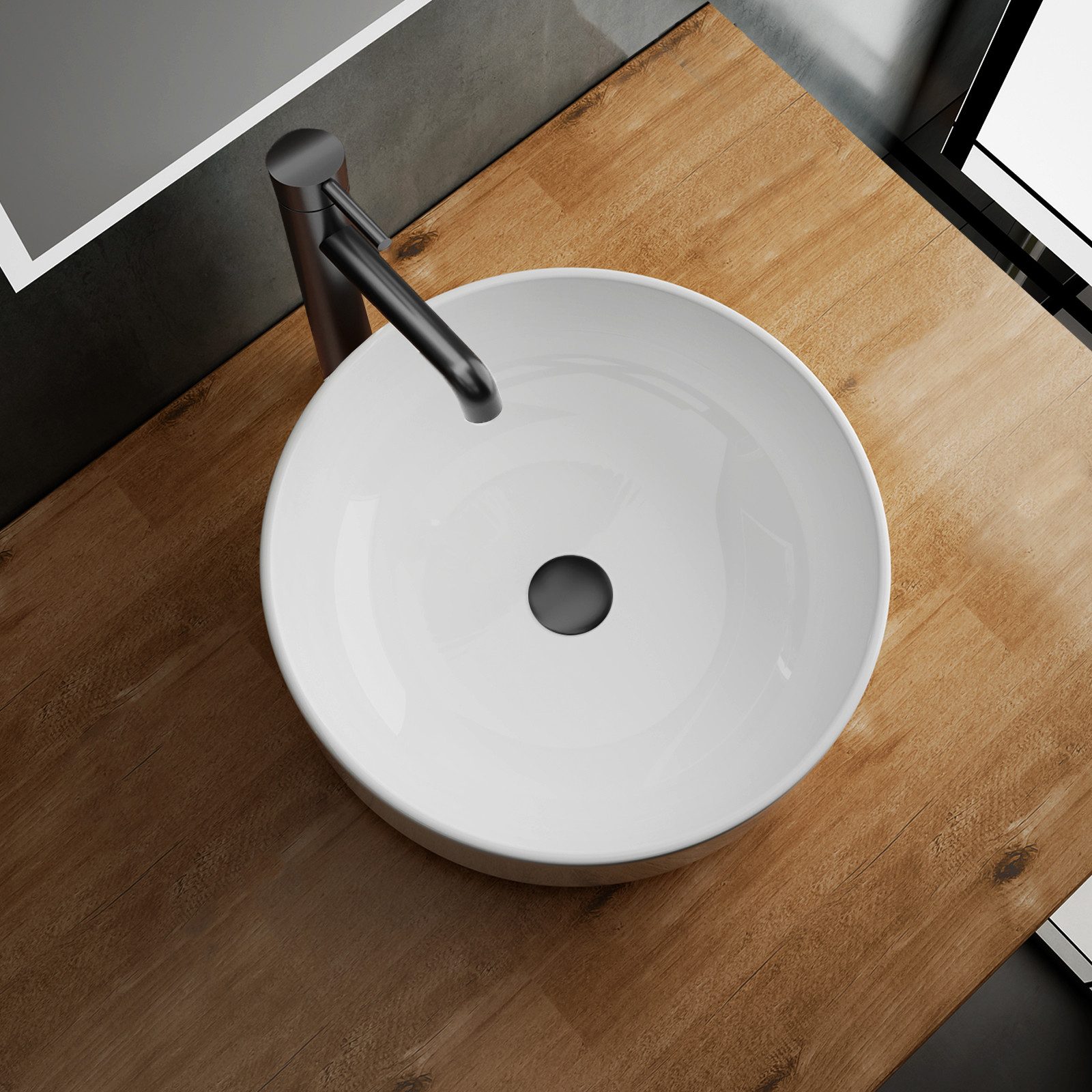 Alpenberger Waschbecken ohne Hahnloch - Aufsatzwaschbecken Klein - Waschtisch Waschschüssel (1-tlg. Waschschale, 1-St., Aufsatzwaschtisch), Gäste WC Waschbecken Rund mit Nano Beschichtung