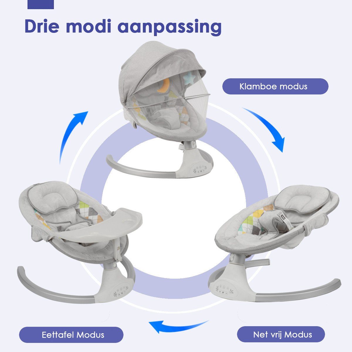 Insma Electric Baby Swing with 5 Speeds, Dining Table, Bluetooth Music, Mosquito Net and Toys, Max. 9kg