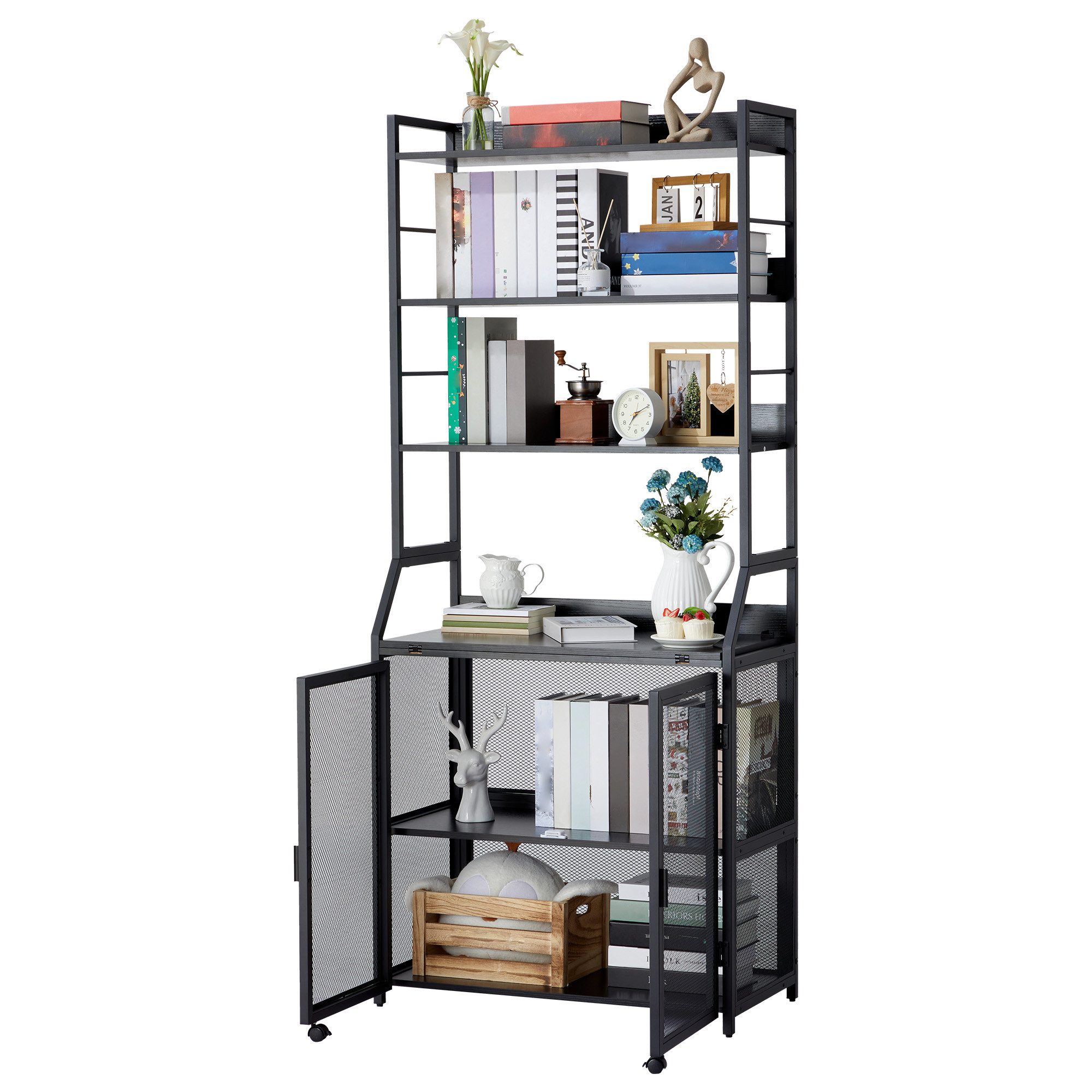 GarveeMore Regal-Schreibtisch 2-in-1, Kippschutz, Schranktür mit Rollen, 10 kg Traglast pro Ebene, aus Metall & Spanplatte, 180 x 60 x 25 cm, schwarz/weiß/braun – Bild 2 von 5