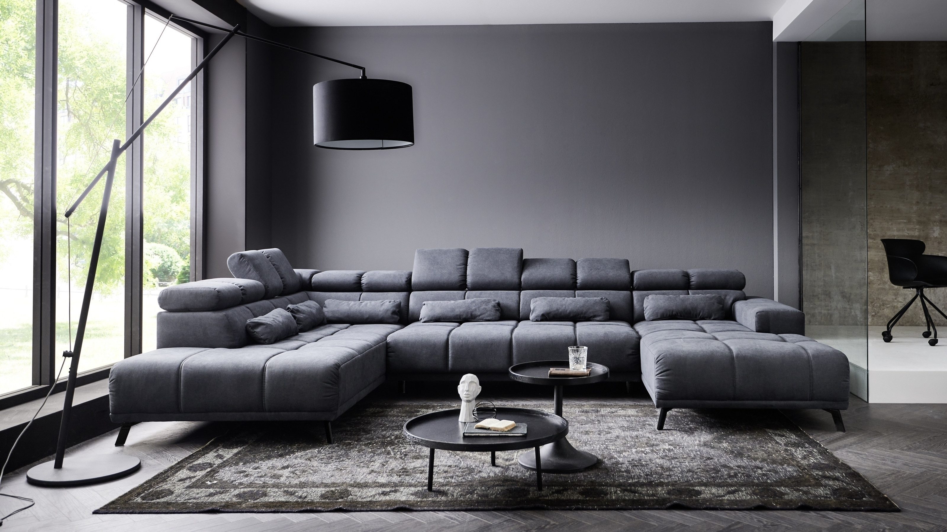 Iwaniccy Wohnlandschaft U-Form, elektr. Sitztiefenverstellung, dunkelgrau - 375x99x231 (BxHxT)