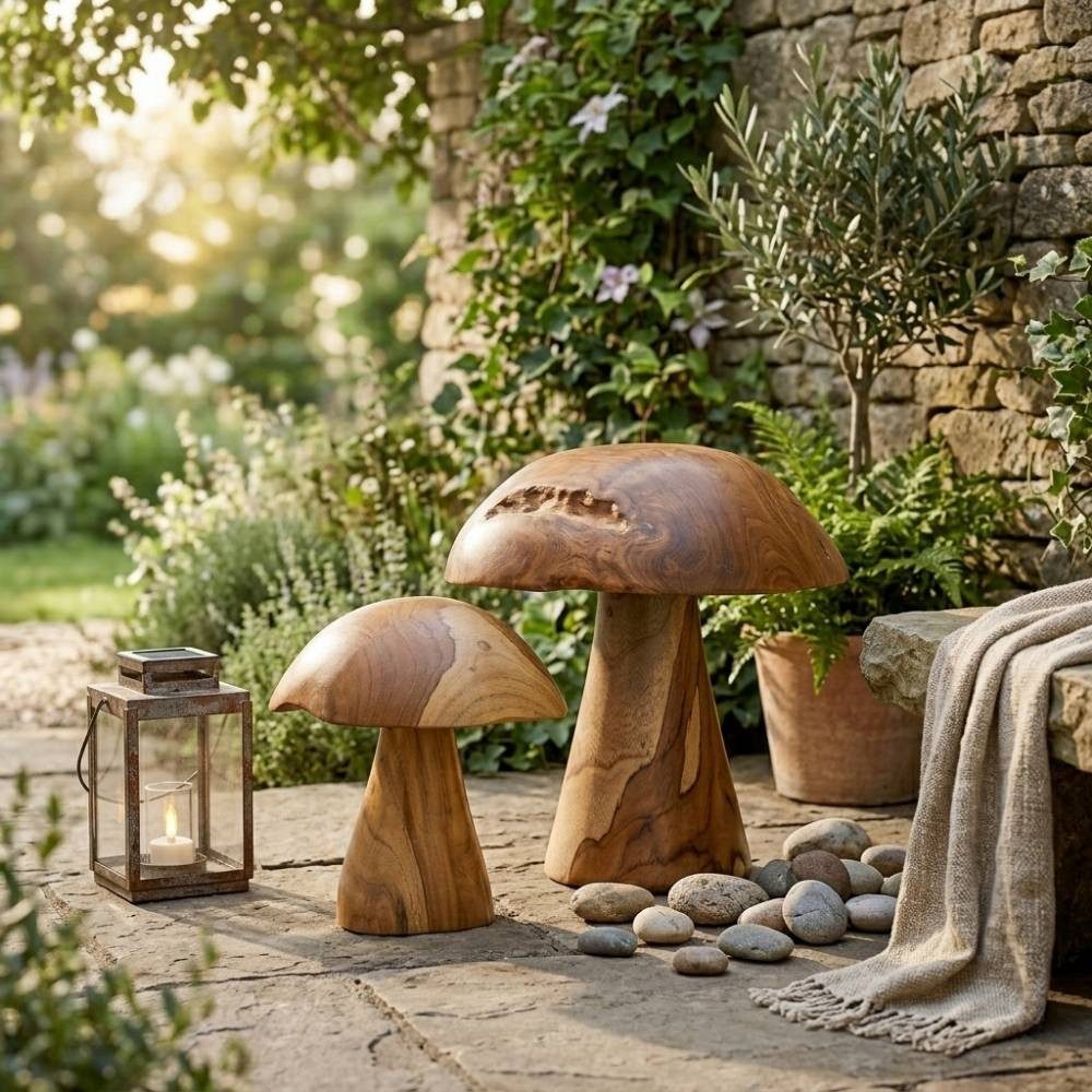 LebensWohnArt Dekoobjekt 2er Set Teak-Deko-Pilze JAMUR 35cm natürliche Holzdeko Garten
