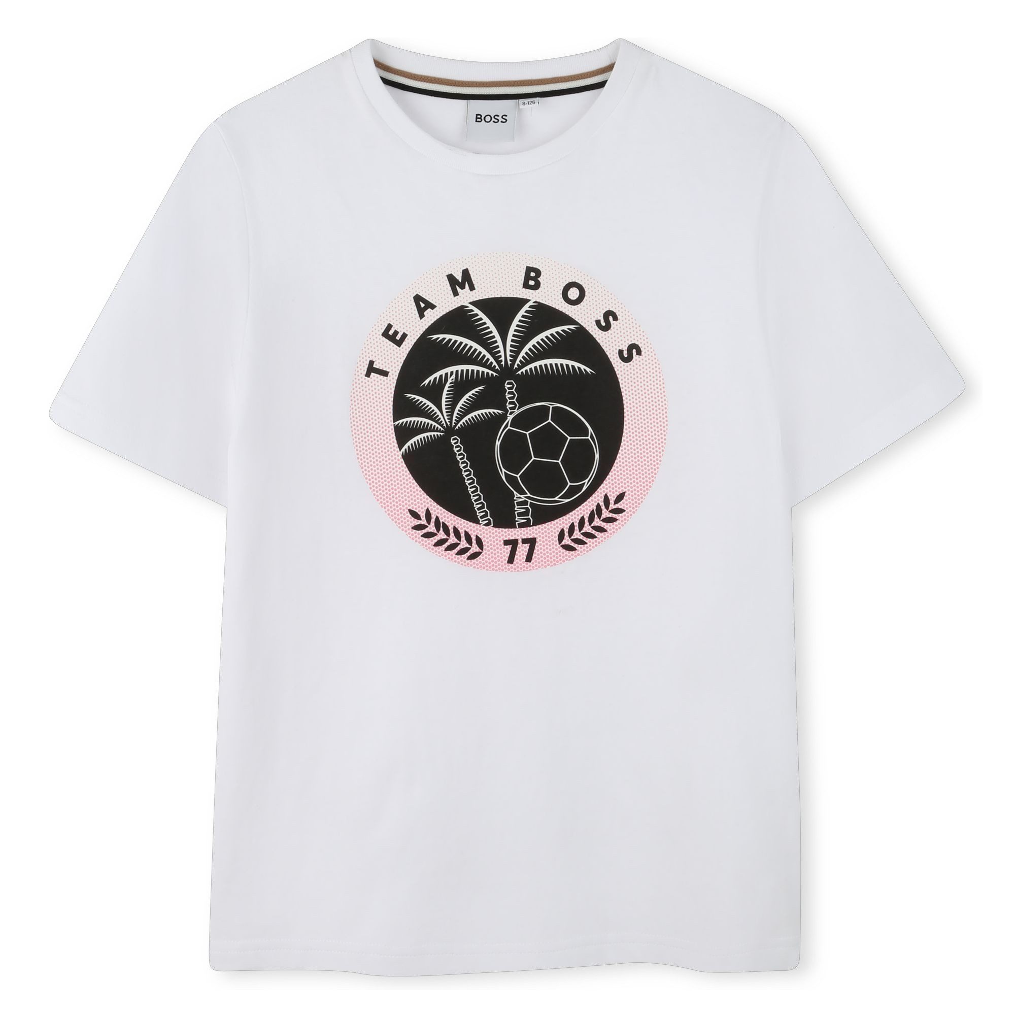 Boss Kidswear Print-Shirt BOSS Kidswear sommerliches T-Shirt weiß mit Fußballmotiv und Palme