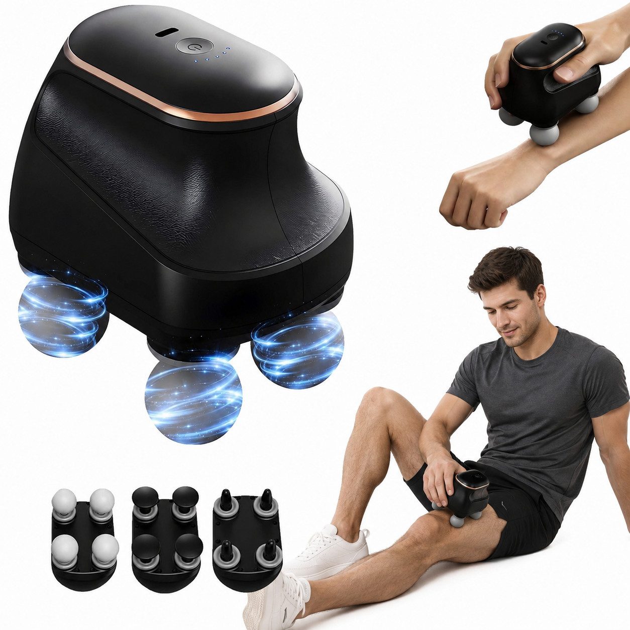 ibettertec Massagegerät 4-köpfige Massagepistole,Handmassagegeräte,Muskelmassager, 5 Geschwindigkeitsstufen, 3 Massageaufsatztypen, über USB aufladbar, Geschenk,Tragbares elektrisches Muskelmassagegerät, Geeignet für Nacken, Rücken, Schultern und Beine,schwarz