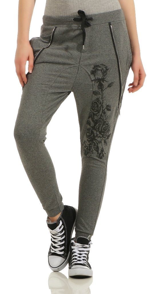 Mississhop Boyfriend-Hose Freizeithose Jogginghose Blumenprint Reißverschlus Grau