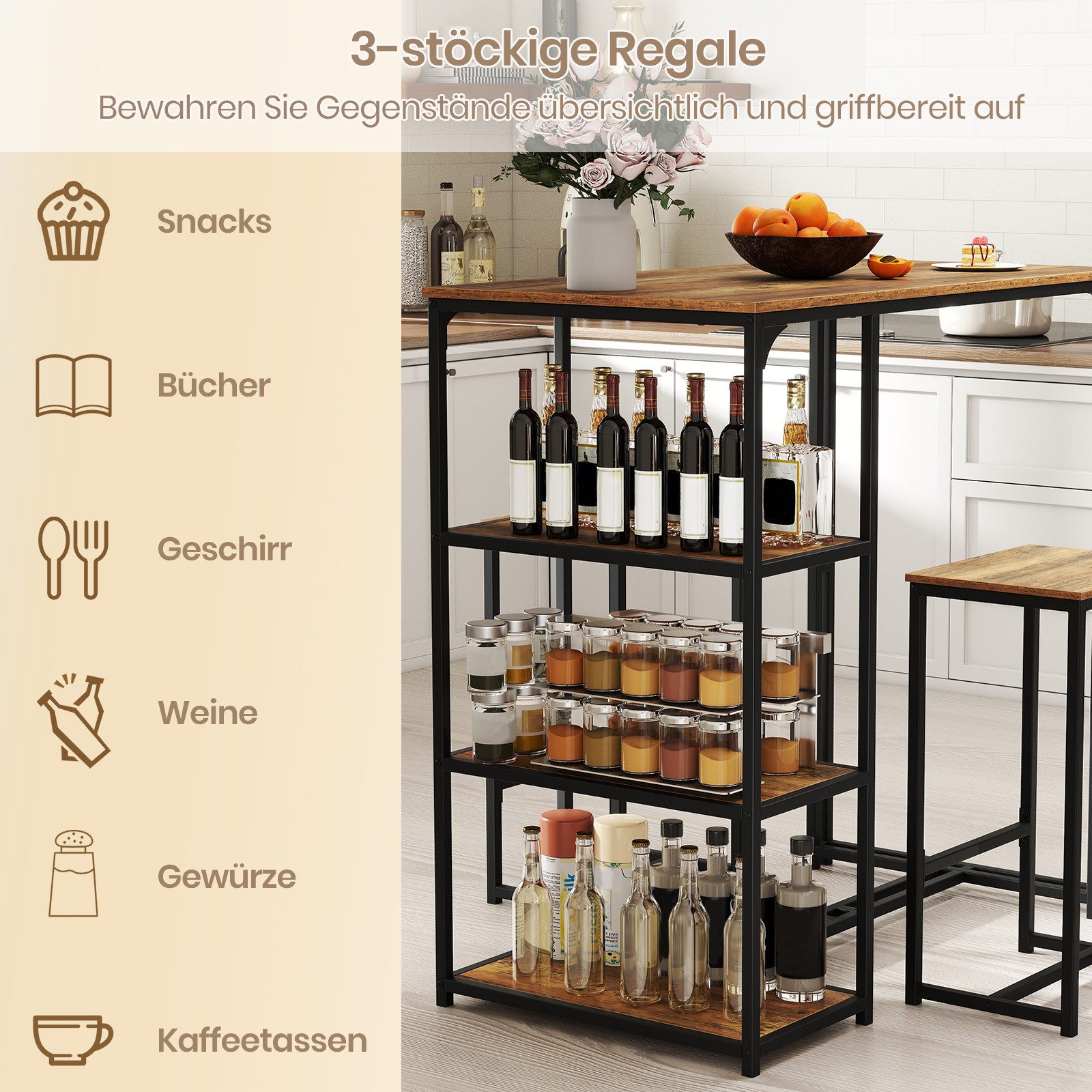 COSTWAY Bartisch, Bartisch Set, Bistrotisch in Barhöhe mit 2 Barhockern