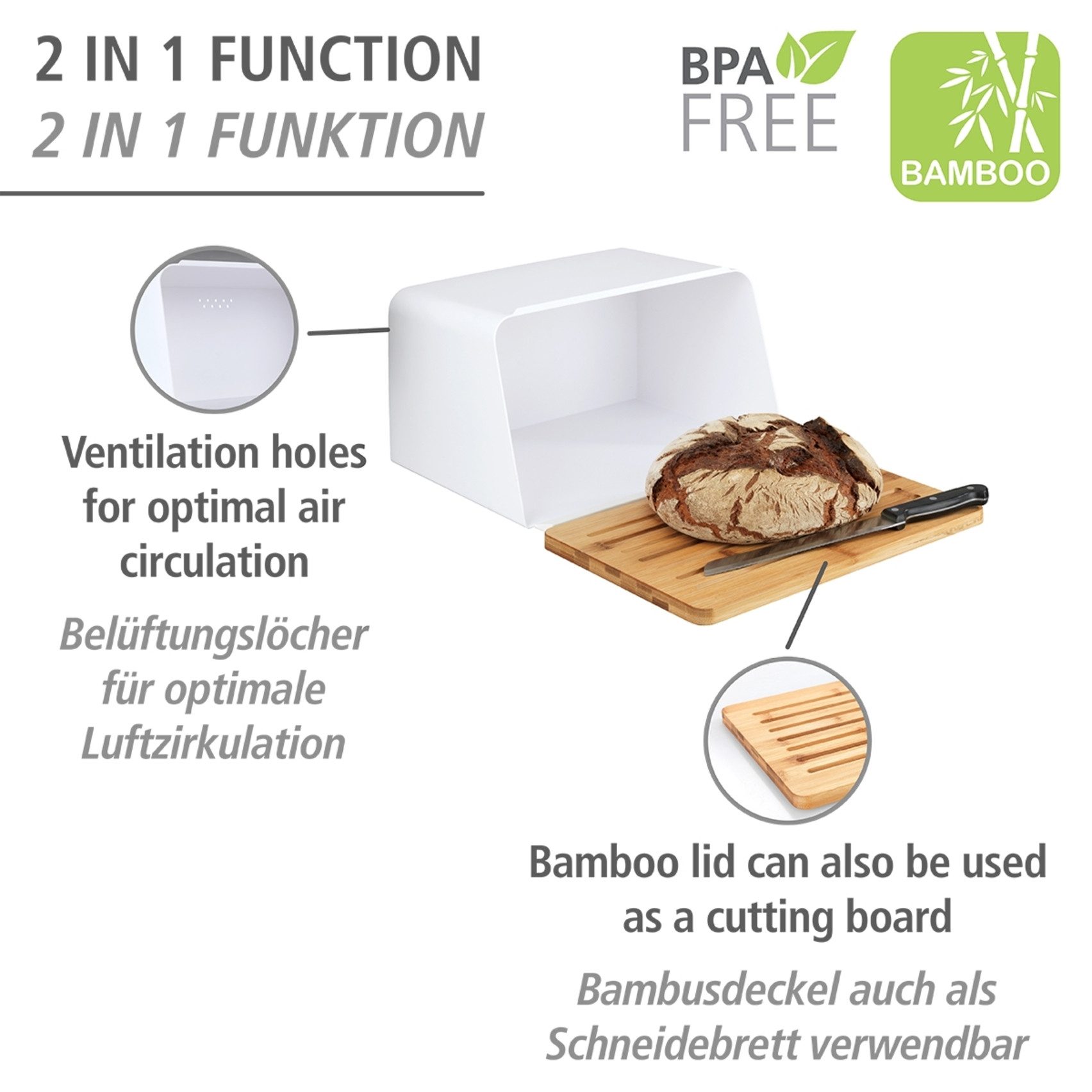 WENKO Brotkasten Modell Kubo, Bambus, Kunststoff, (1-tlg), moderne Brotbox mit integriertem Schneidebrett als Deckel