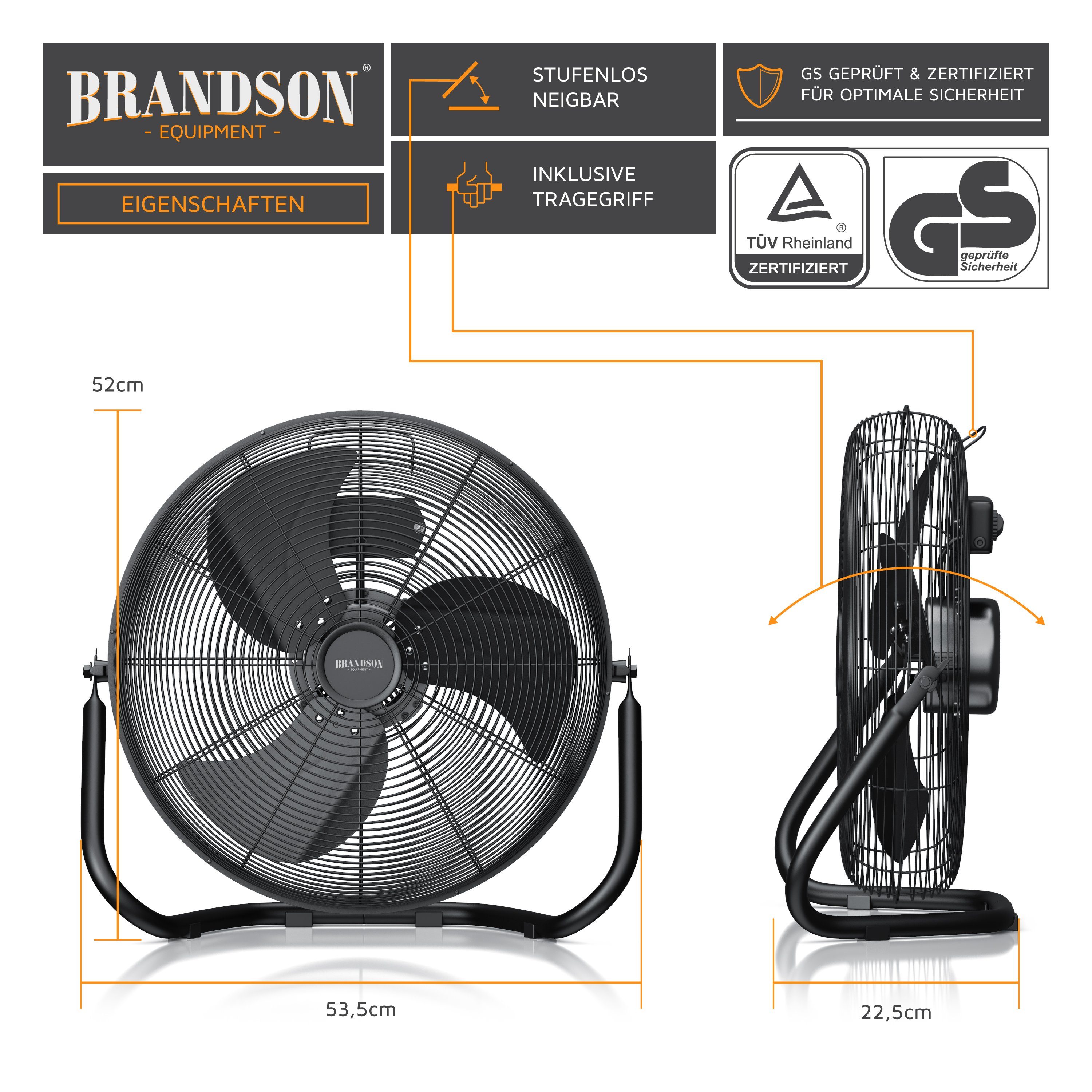 Brandson Windmaschine Bodenventilator im Retro Stil, hoher Luftdurchsatz, 120W, Schwarz, 50 cm Durchmesser, NTV Sieger 2026, robuster Stand, stufenlos neigbar, GS-Geprüft