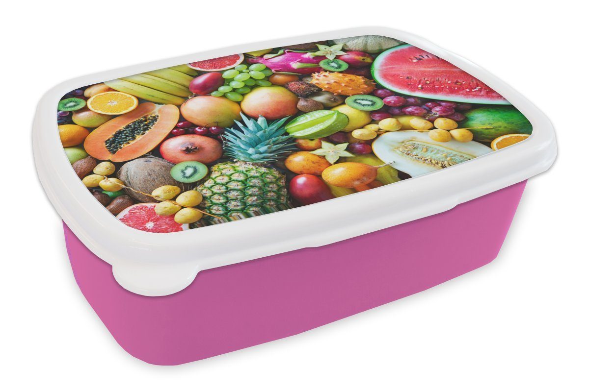 MuchoWow Lunchbox Obst - Ananas - Tropisch, Kunststoff, (2-tlg), Brotbox für Erwachsene, Brotdose Kinder, Snackbox, Mädchen, Kunststoff rosa