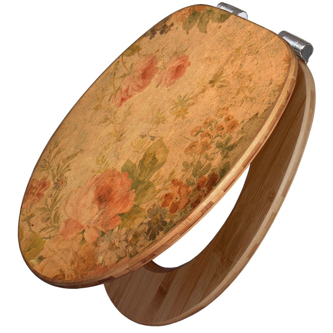 banjado WC-Sitz aus Bambus mit Absenkautomatik Motiv Blumen Antik (umweltfreundliches Material, integrierte Absenkautomatik), 45,8 x 37,5 x 5 cm