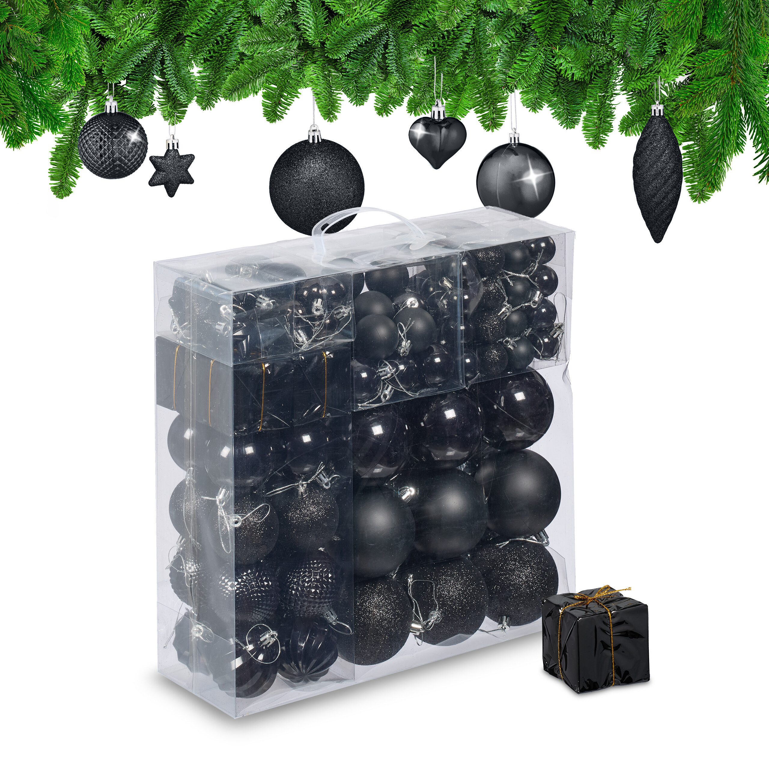 relaxdays Weihnachtsbaumkugel Weihnachtskugeln im 110er Set, Schwarz