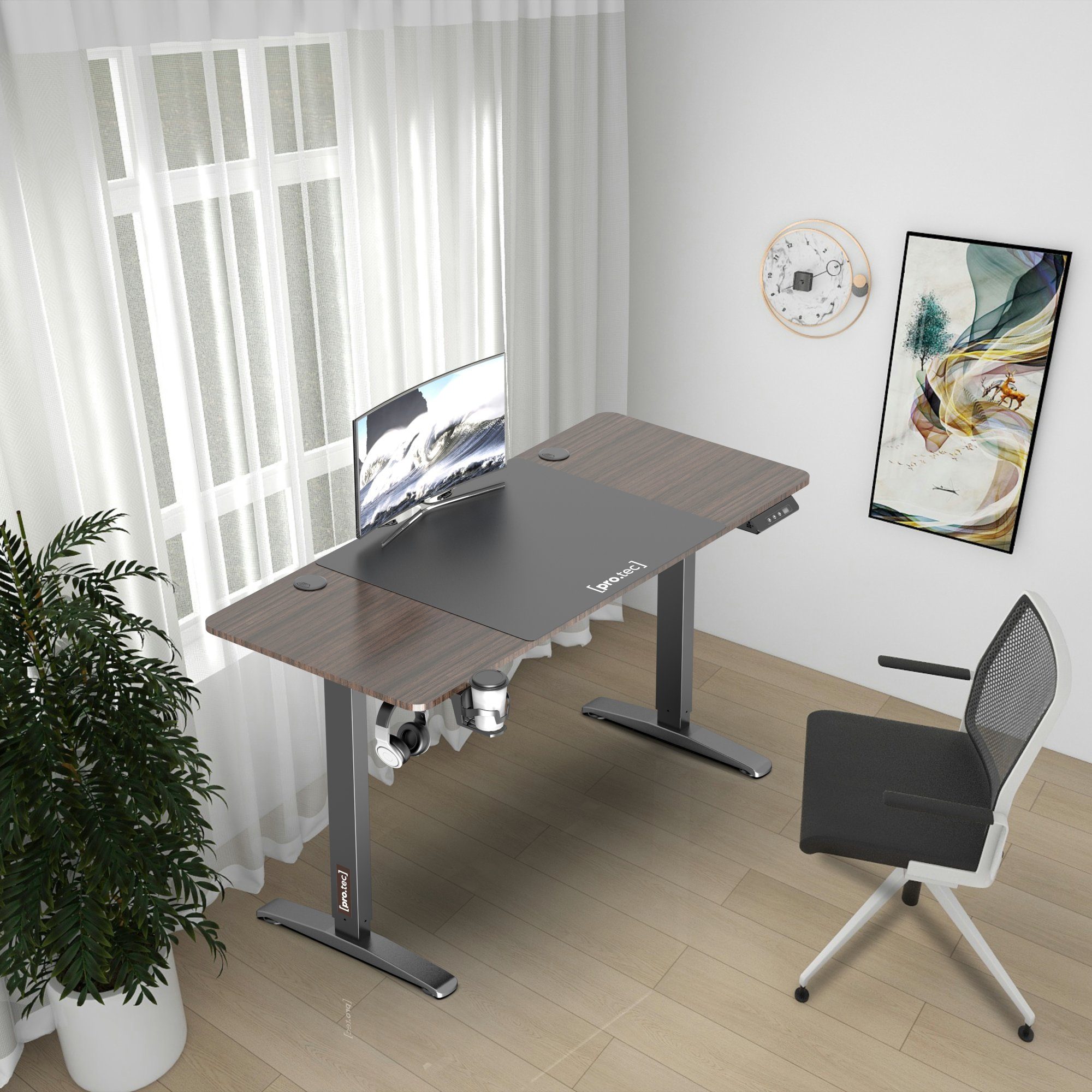 pro.tec Schreibtisch, Salinas Höhenverstellbarer Tisch 140x60 aus Alu Walnuss-Optik schwarz | Walnuss-Optik