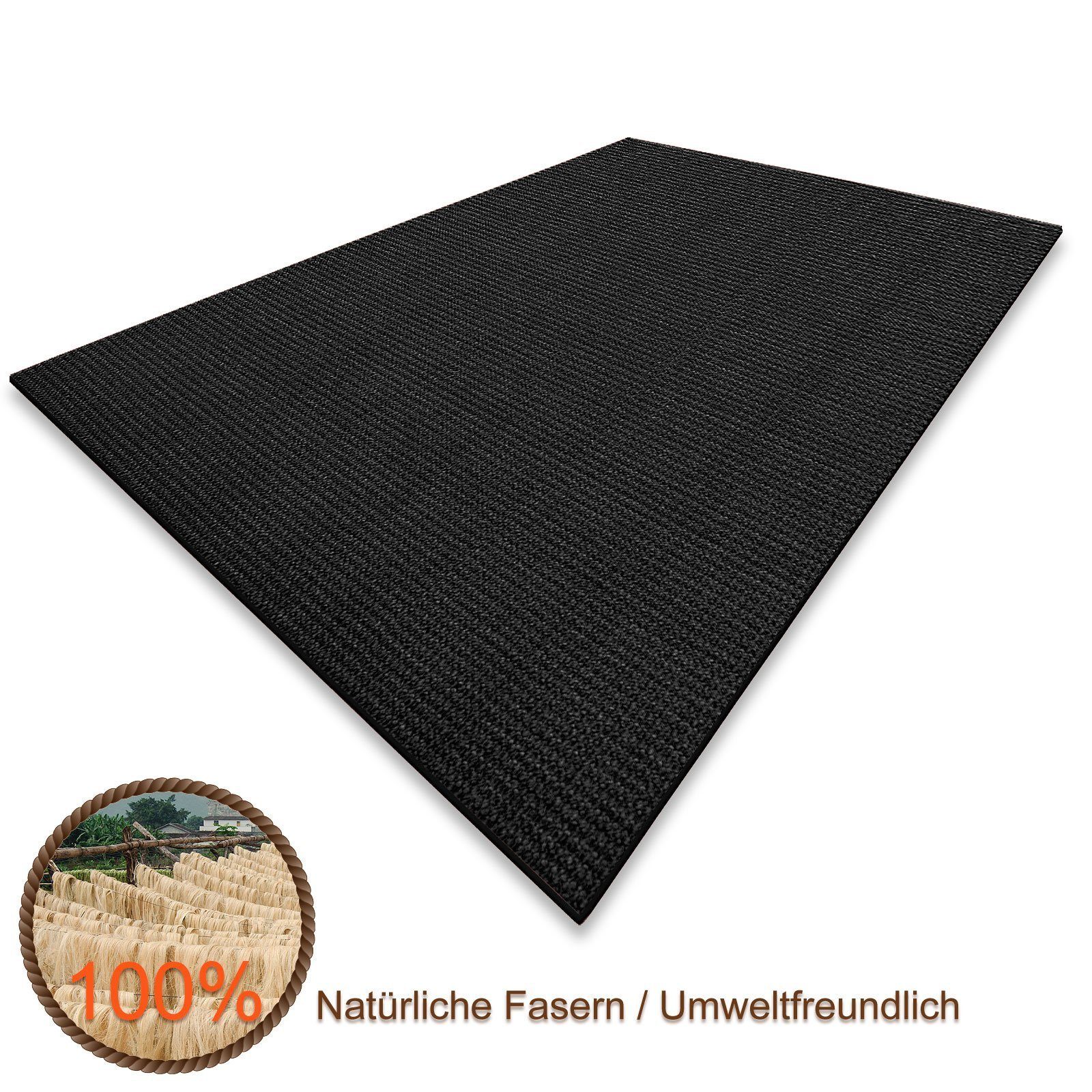 Sisalteppich Peru Schwarz, Teppichläufer, verschiedene Größen, Karat, Eckig, Höhe: 6 mm, Eckig, Geeignet für Nutzung mit Fußbodenheizungen