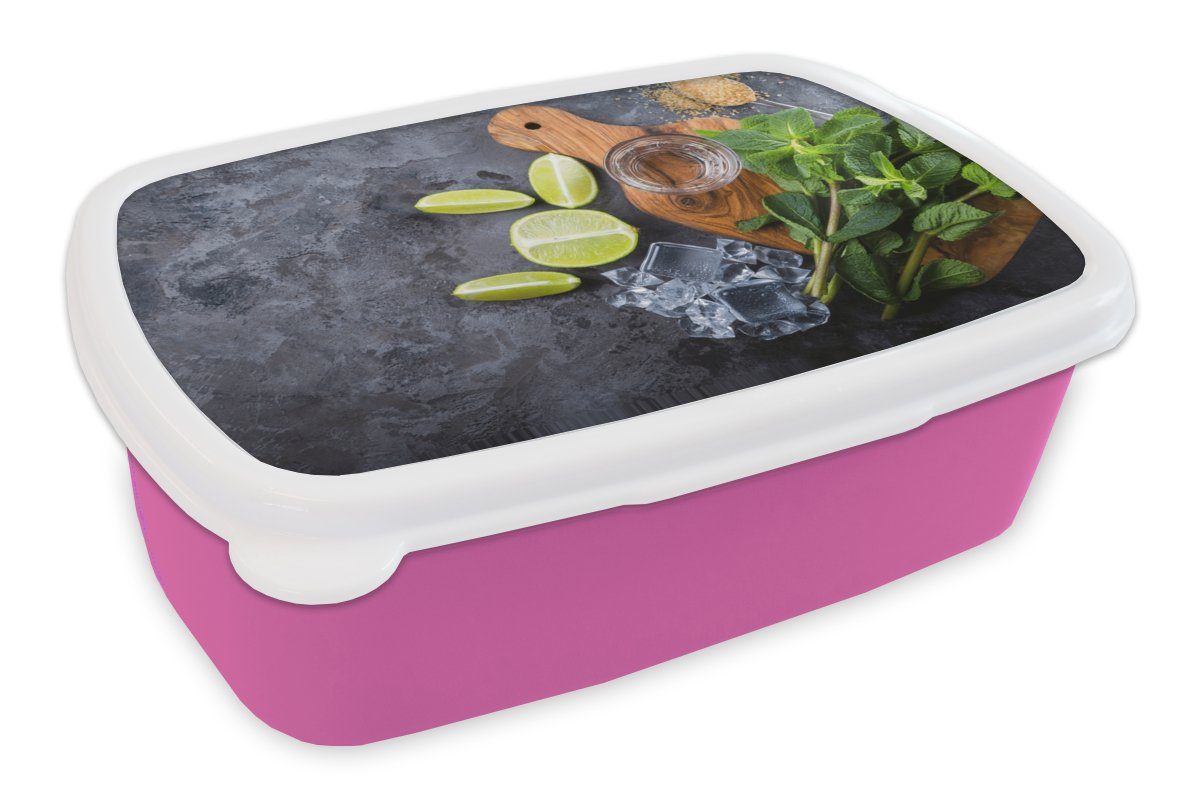 MuchoWow Lunchbox Schneidebrett - Glas - Obst - Zitrone, Kunststoff, (2-tlg), Brotbox für Erwachsene, Brotdose Kinder, Snackbox, Mädchen, Kunststoff rosa