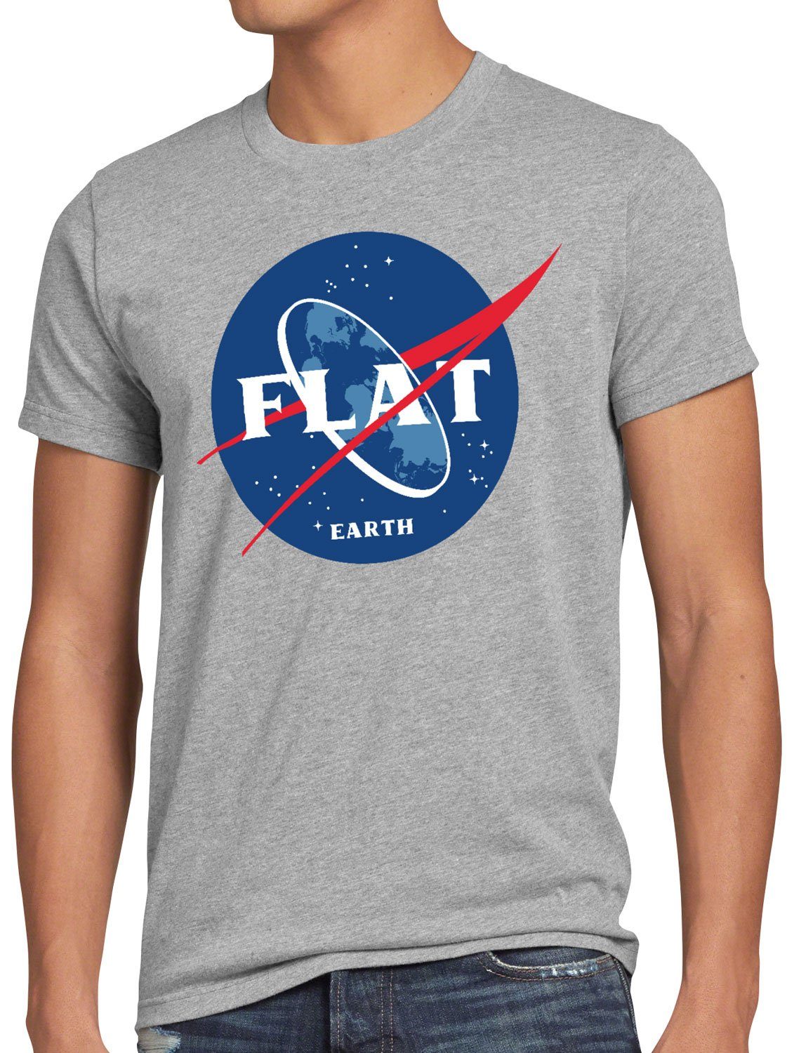 style3 Print-Shirt Herren T-Shirt Flat Earth fernrohr weltraum astronomie grau meliert