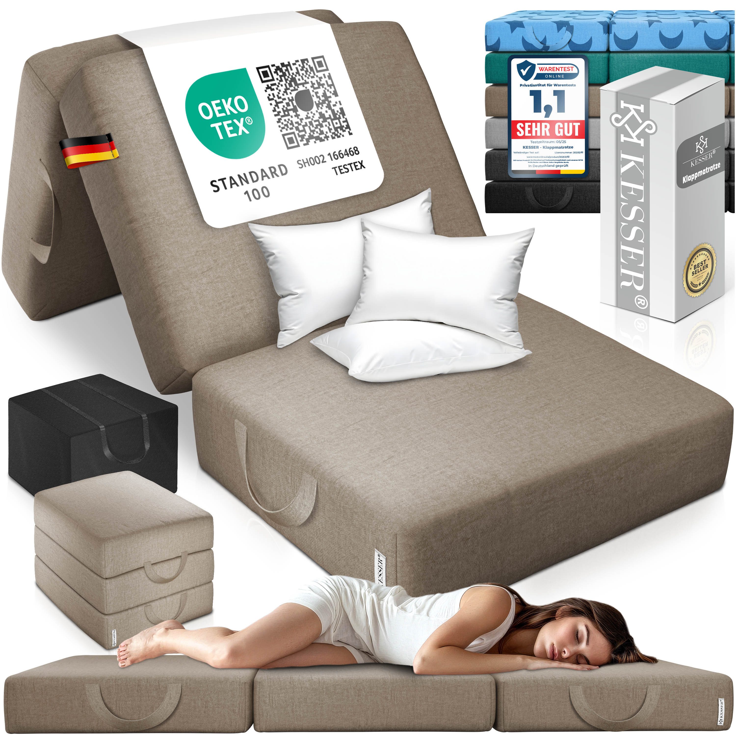 Klappmatratze 15cm hoch Gästematratze 3-fach faltbar zum Sitzhocker, KESSER, (bis zu 30 °C waschbarer abnehmbarer Bezug, Schaumstoff 25kg/m), Faltmatratze Inkl. Wasserabweisende Tragetasche