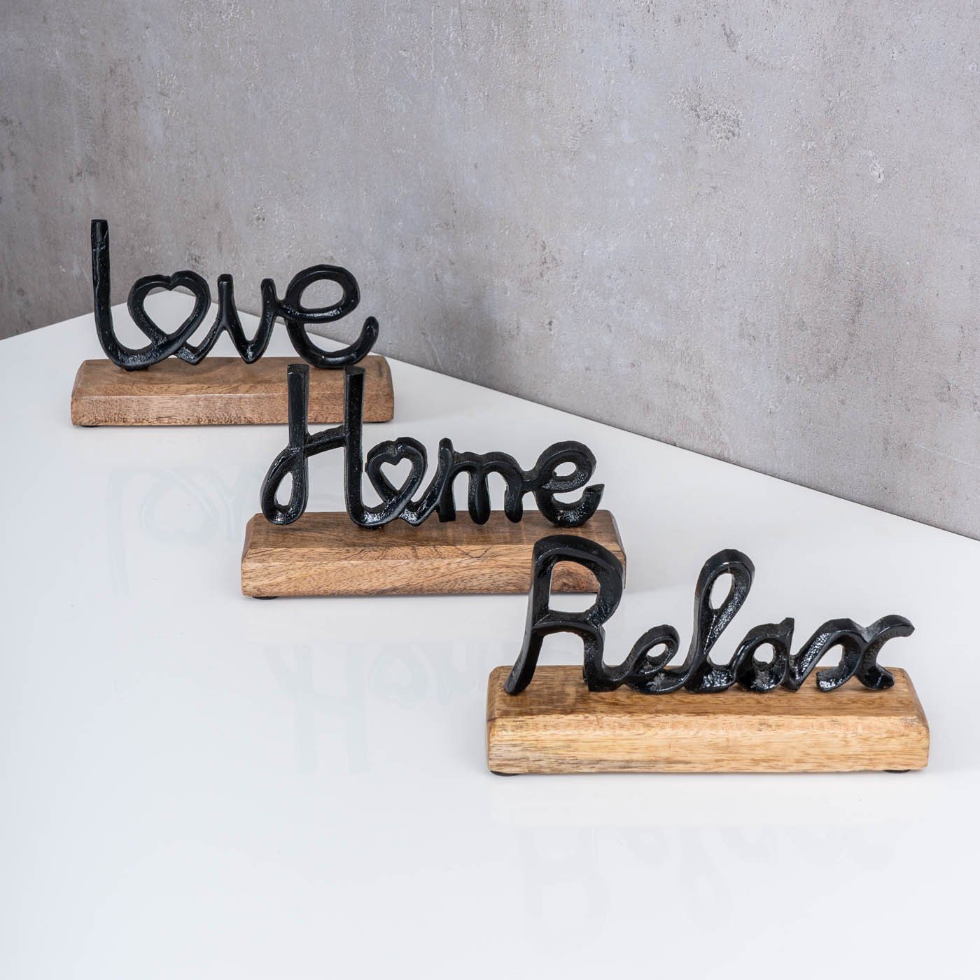 Levandeo® Deko-Schriftzug, Holz Set Metall Schriftzug 3er Home Mango Schwarz Relax Love
