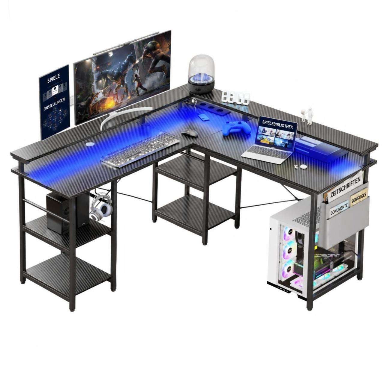 Aiorber Computertisch Aiorber-Cabrio L-Schreibtisch Schwarz mit RGB LED und Stauraum