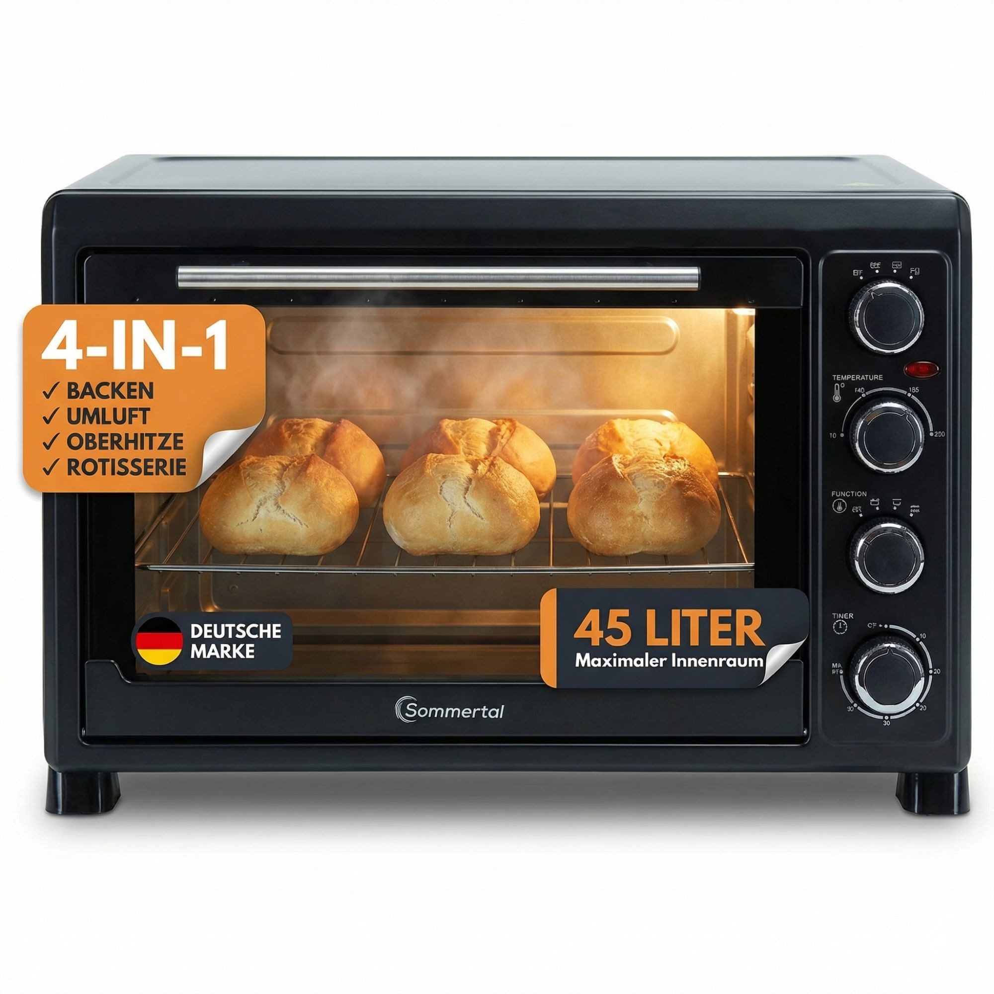 Sommertal Multiofen Sommertal Minibackofen 45L mit Drehspieß & Umluft, 2000W, Hähnchengrill, Backen, Grillen & Pizza, 45 Liter, inkl. 7-tlg Zubehör